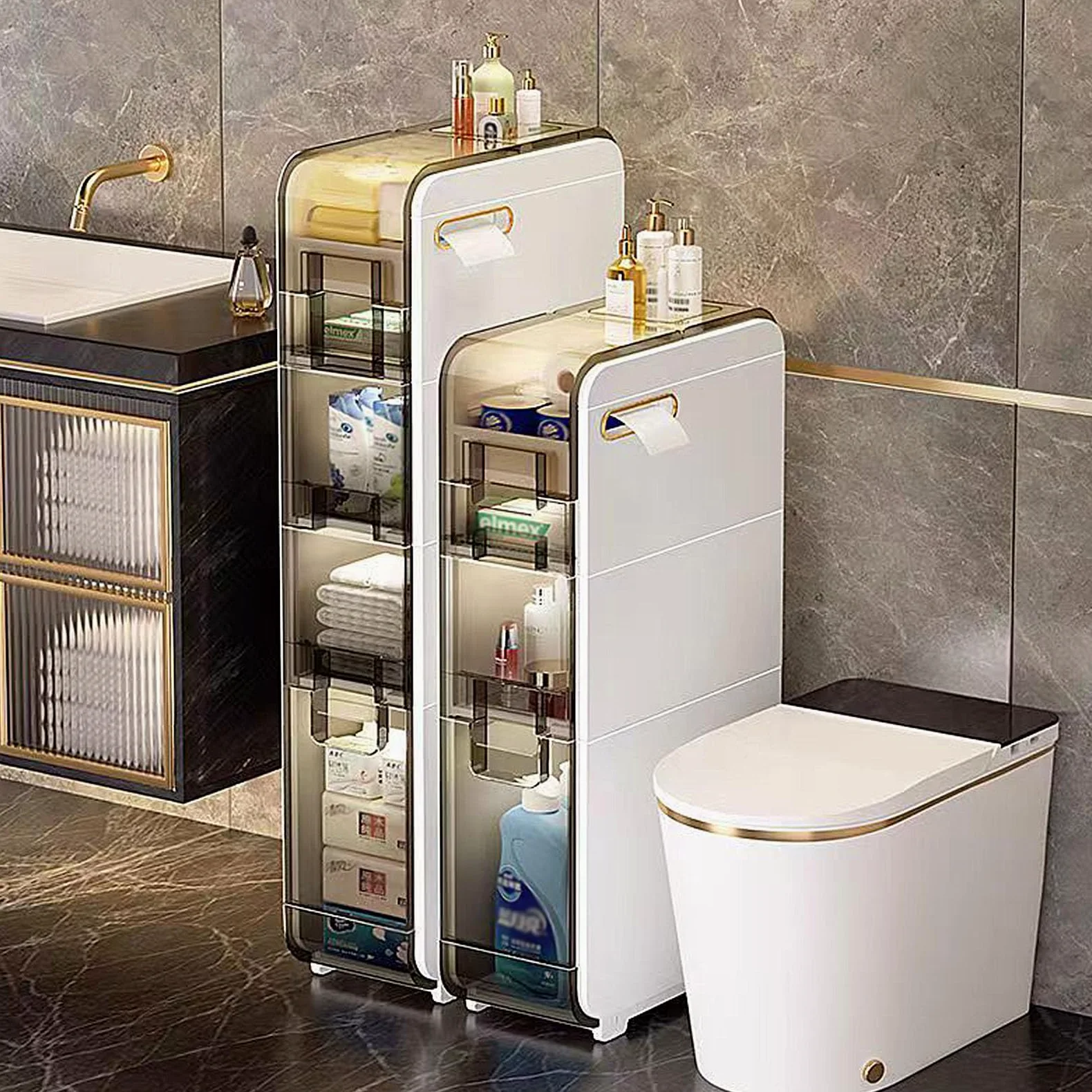 Armadietto da pavimento da bagno, autoportante, sottile, con cassetto a 3/4 ripiani, armadietto multiuso per carta igienica, libri, shampoo