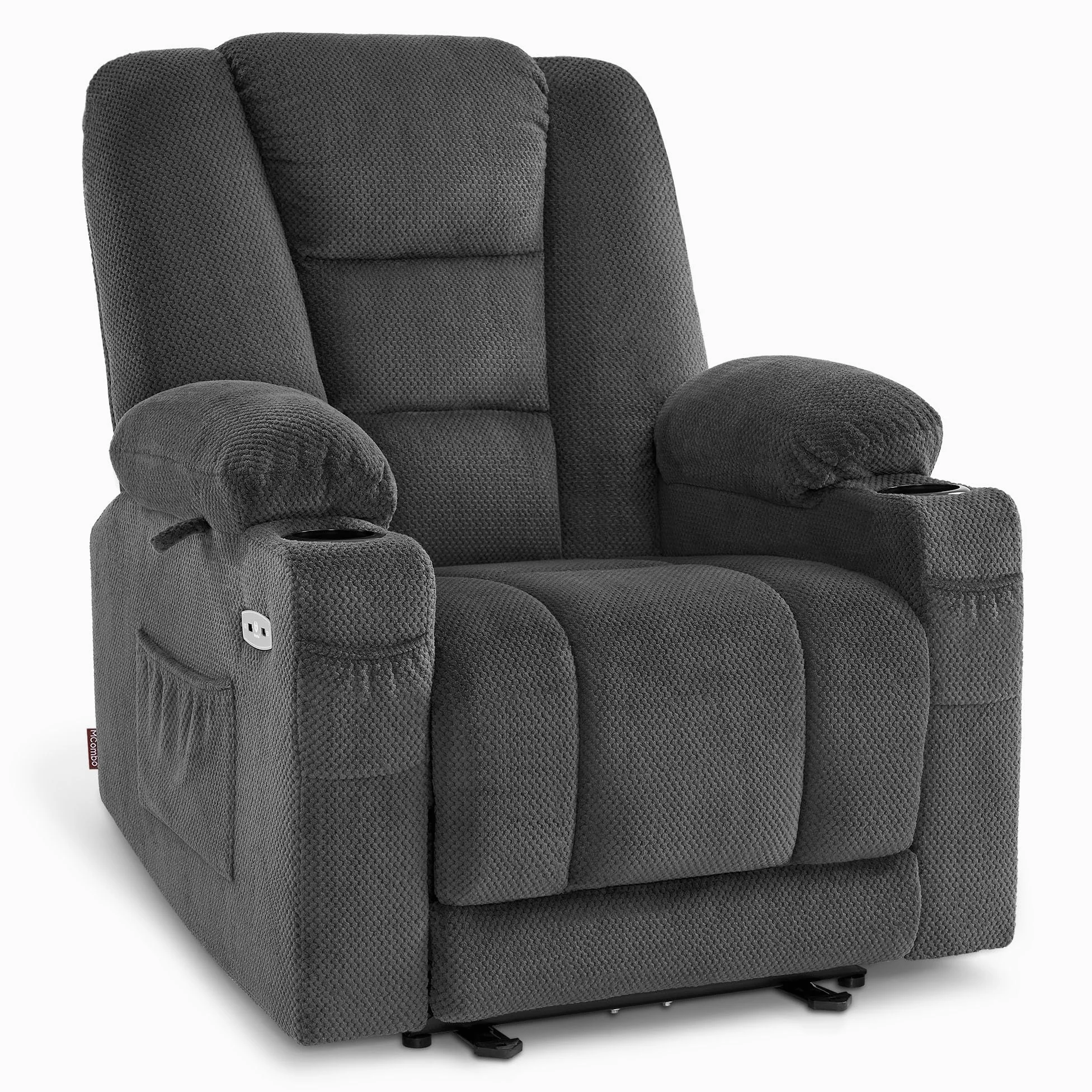 MCombo M Poltrona TV Regolabile elettricamente, poltrona reclinabile con funzione di reclinazione, poltrona TV con funzione Massaggio e Calore, USB e portabicchieri, Tessuto,7008 (grigio scuro)