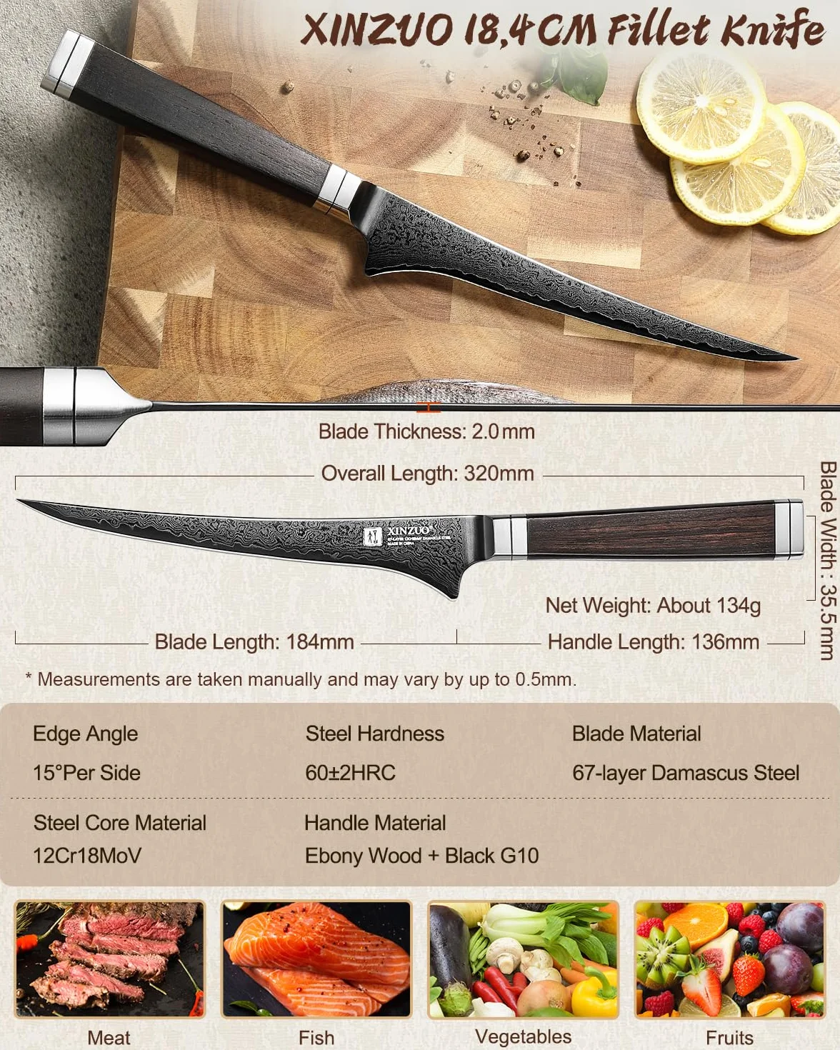 XINZUO 18,4cm Coltello per Sfilettare da Cucina Acciaio Damasco a 67 Strati-Lama Nera -Professionale Coltello da Filetto Cucina Bordo Disossare Pesce e Carne -Manico in Legno di Ebano