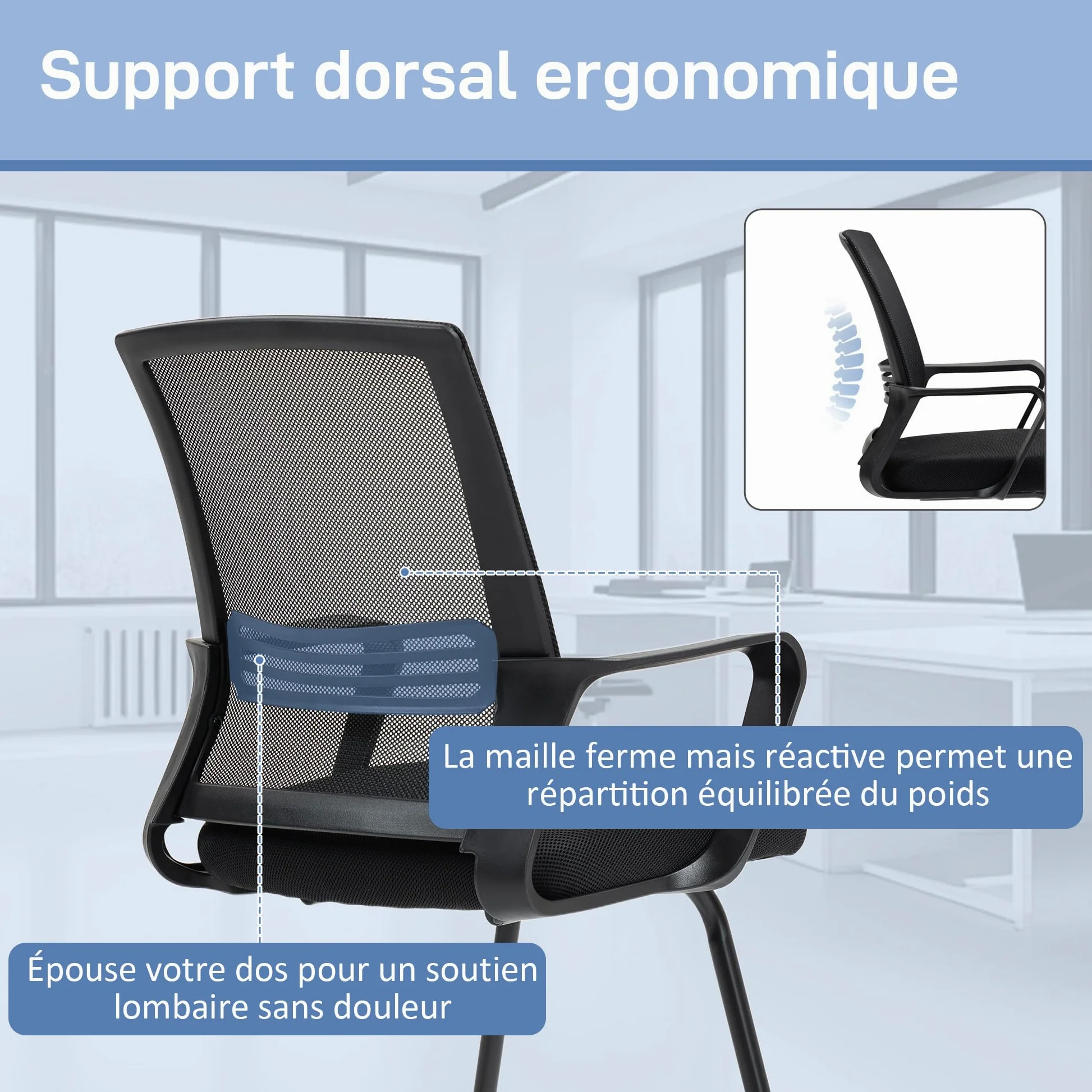 HOMCOM Sedia da ufficio a rete Sedia da ufficio senza rotelle, sedia ergonomica per riunioni con base a slitta, per sale conferenze, camere da letto, aree d'attesa, aree di ricevimento, nera