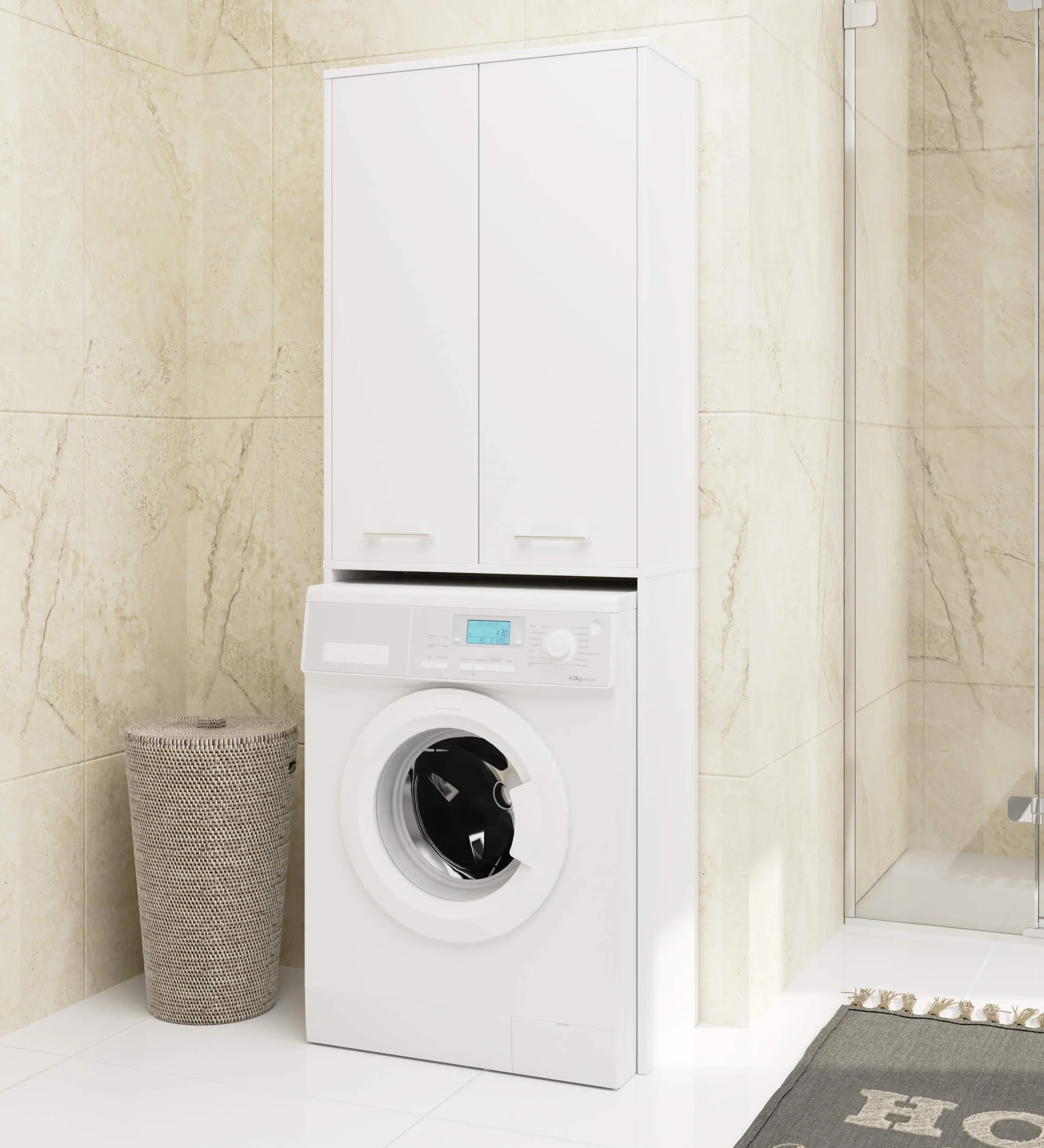 AKORD | Armadio Pensile per Lavatrice FIN 180 | Armadio di trasformazione con 2 Ante, 4 Ripiani | Archivio per bagno | Cassettiera per lavatrice | 64x180x30 cm | Bianco + Bianco Frontale