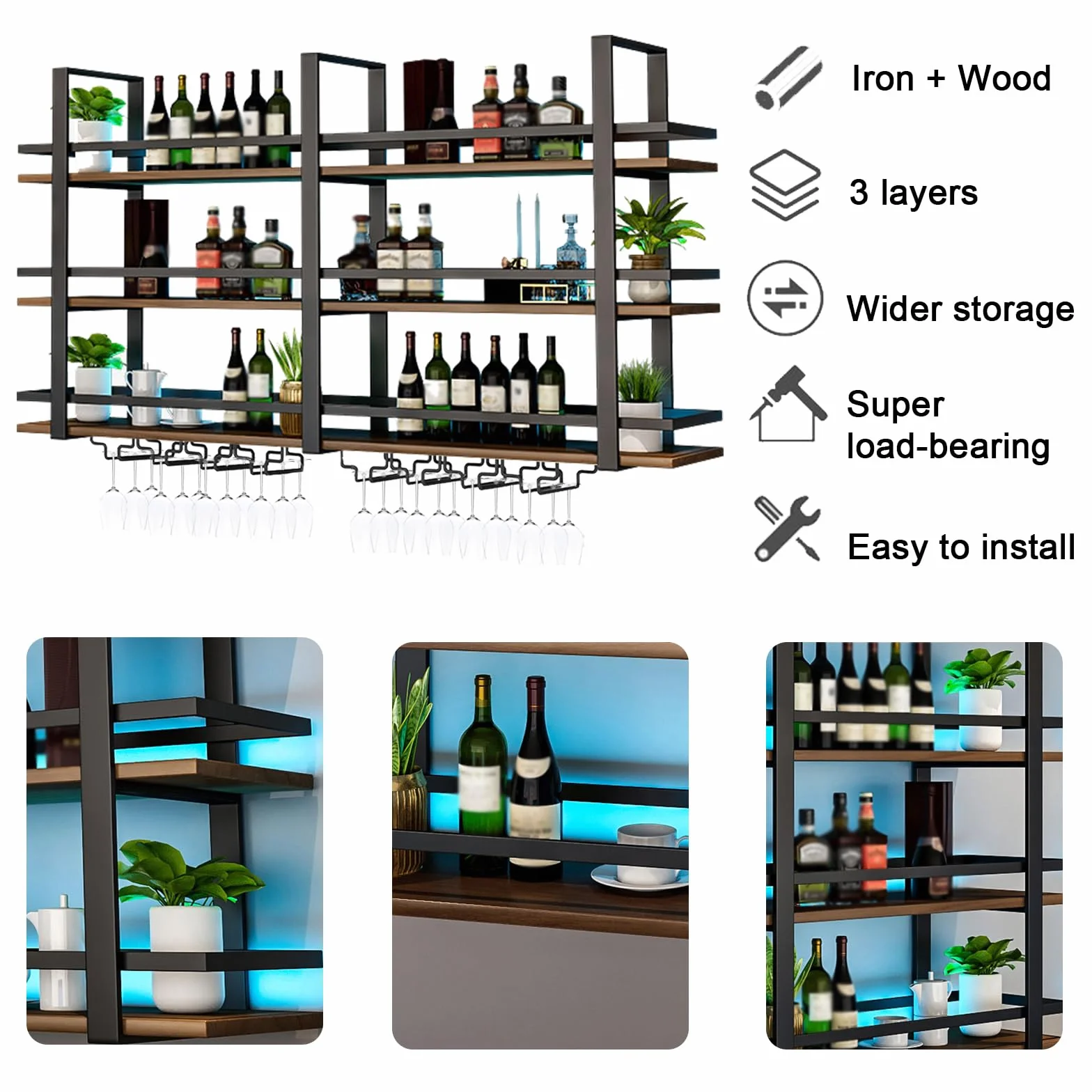Portabottiglie da Parete con Luce a LED, Mensola Espositivi in Metallo per Bottiglie di Liquori, Espositore di Vino di Grandi Dimensioni, con Portabicchieri per Casa, Cucina, Bar, Sala (nero, 160cm)