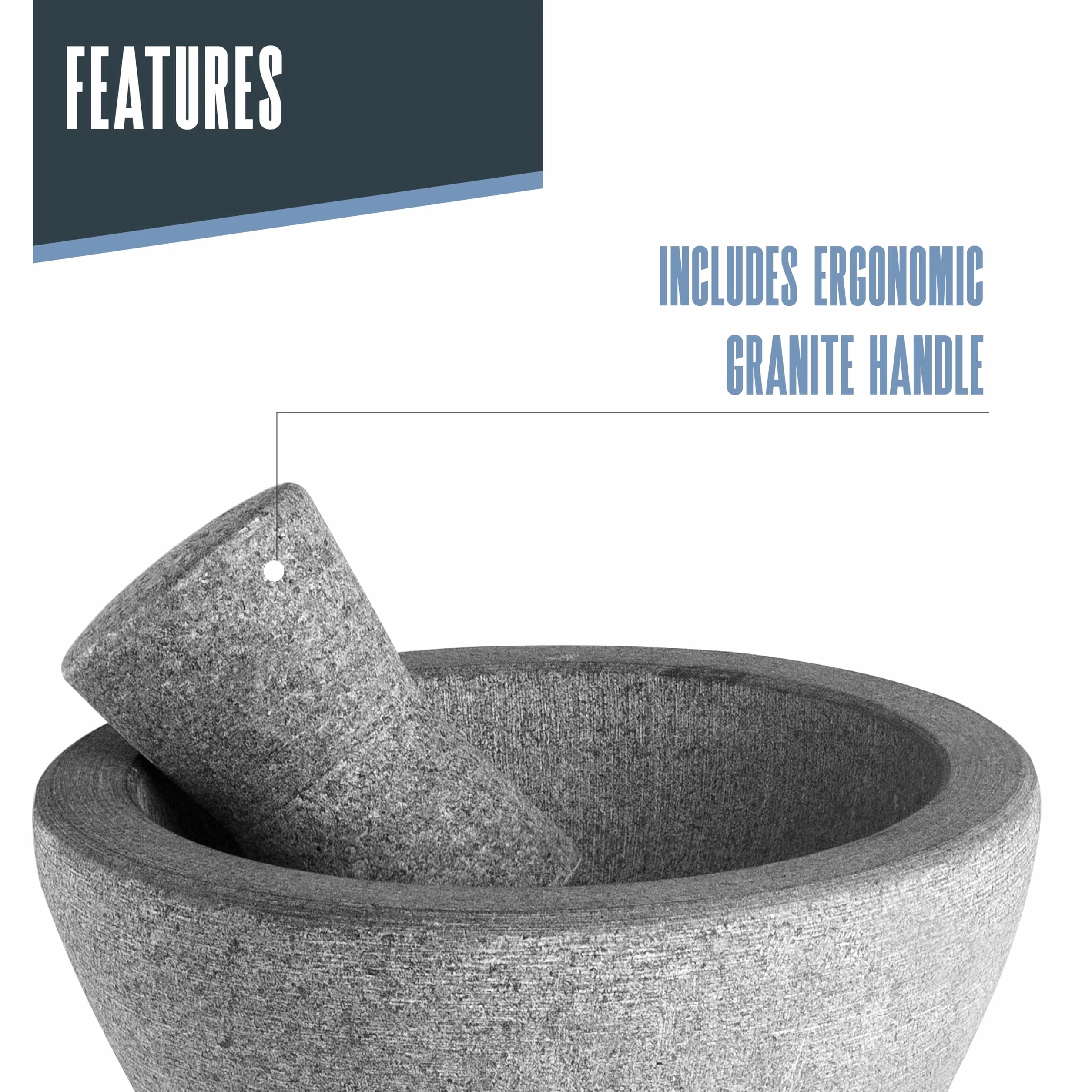Lacor - 60515 - Mortaio Molcajete in Granito Naturale, Ø 20 cm, 850 ml, Mortaio da Cucina con Pestello in Granito, Ideale per Guacamole, Salse e Spezie, Resistente e Durevole, Grigio Scuro