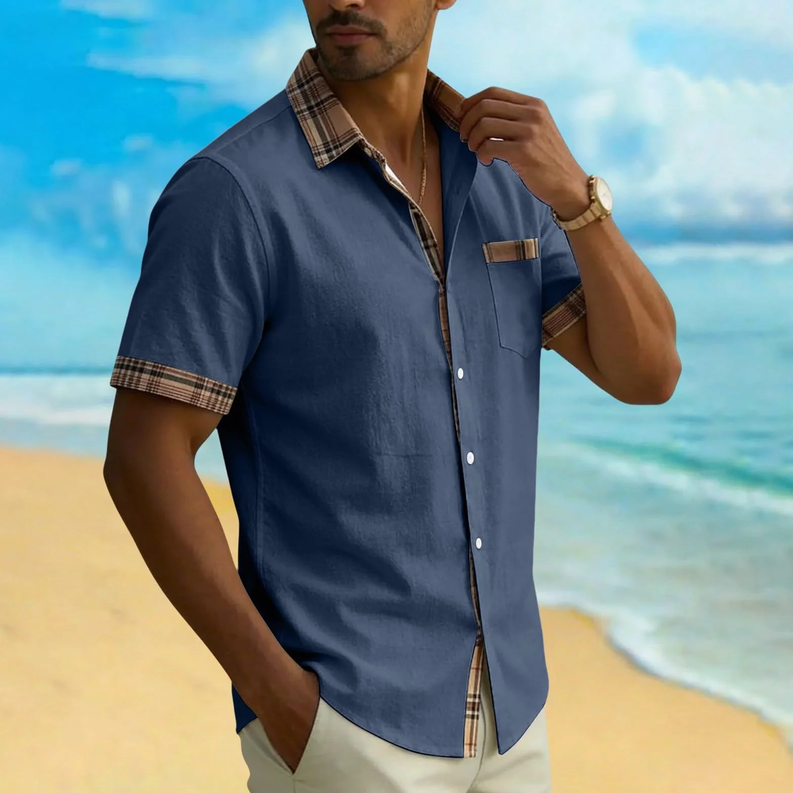 Camicia da uomo a maniche corte con bottoni casual estiva con tasca sul petto