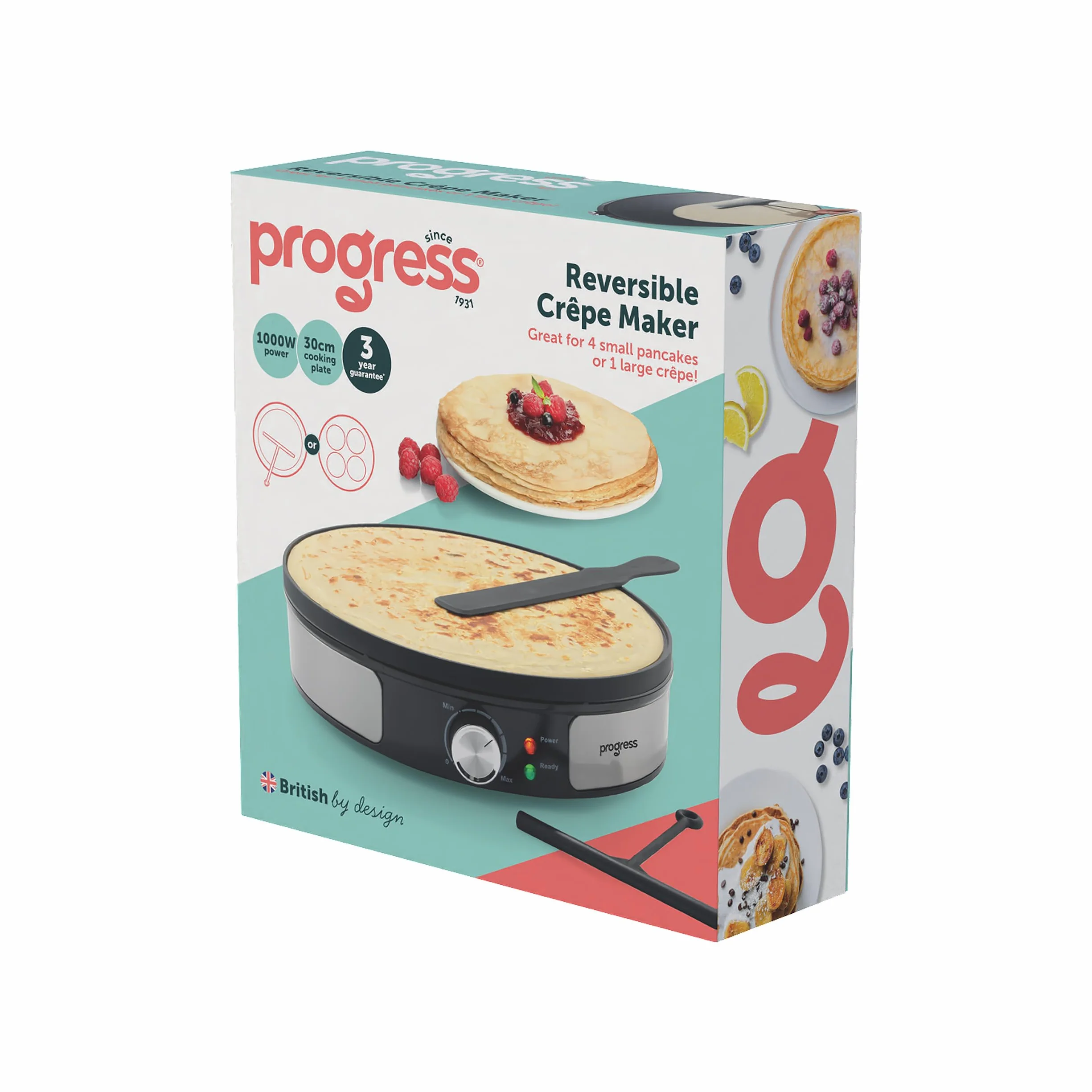 Progress Crepe Maker Reversibile 30 cm 1000W Antiaderente Temperatura Regolabile
