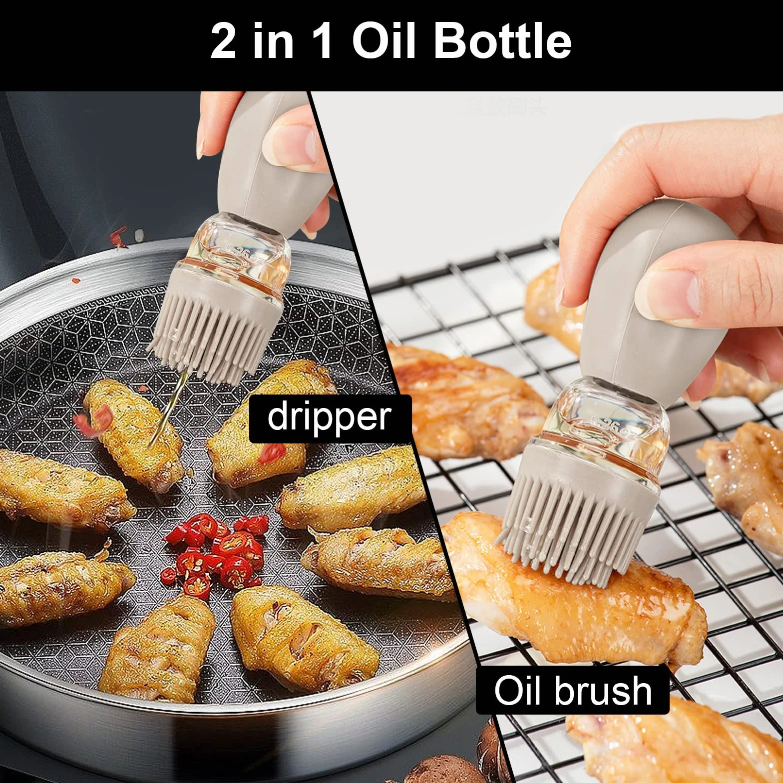 Bottiglia di olio con Pennello in Silicone, Dosatore Olio Cucina, Dispenser per Liquido con Spazzola (Marrone)