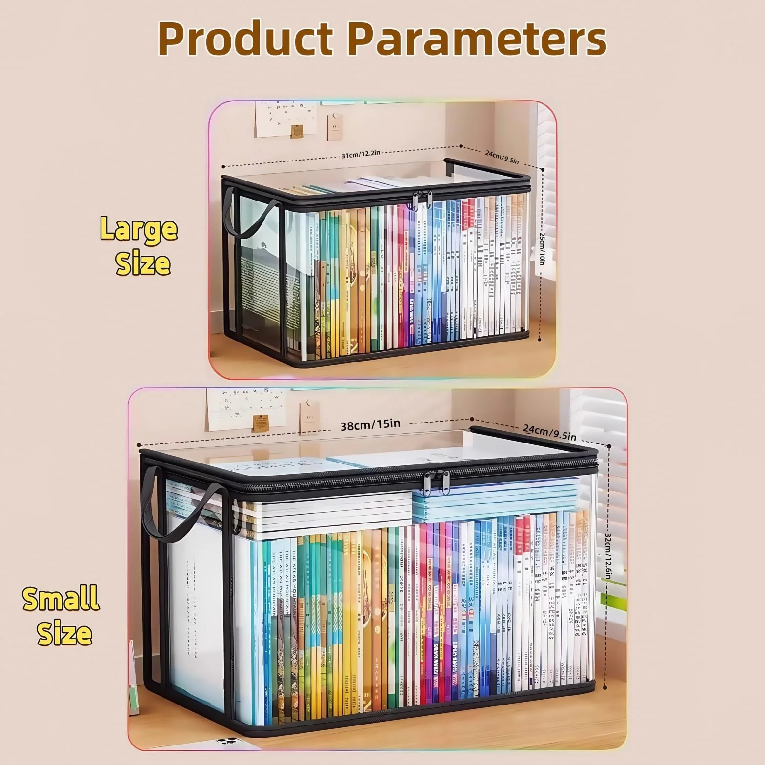 Borsa trasparente con manico, organizer con cerniera per traslochi, libri, CD, DVD, resistente, confezione da 2 (grande e piccola) (nero)