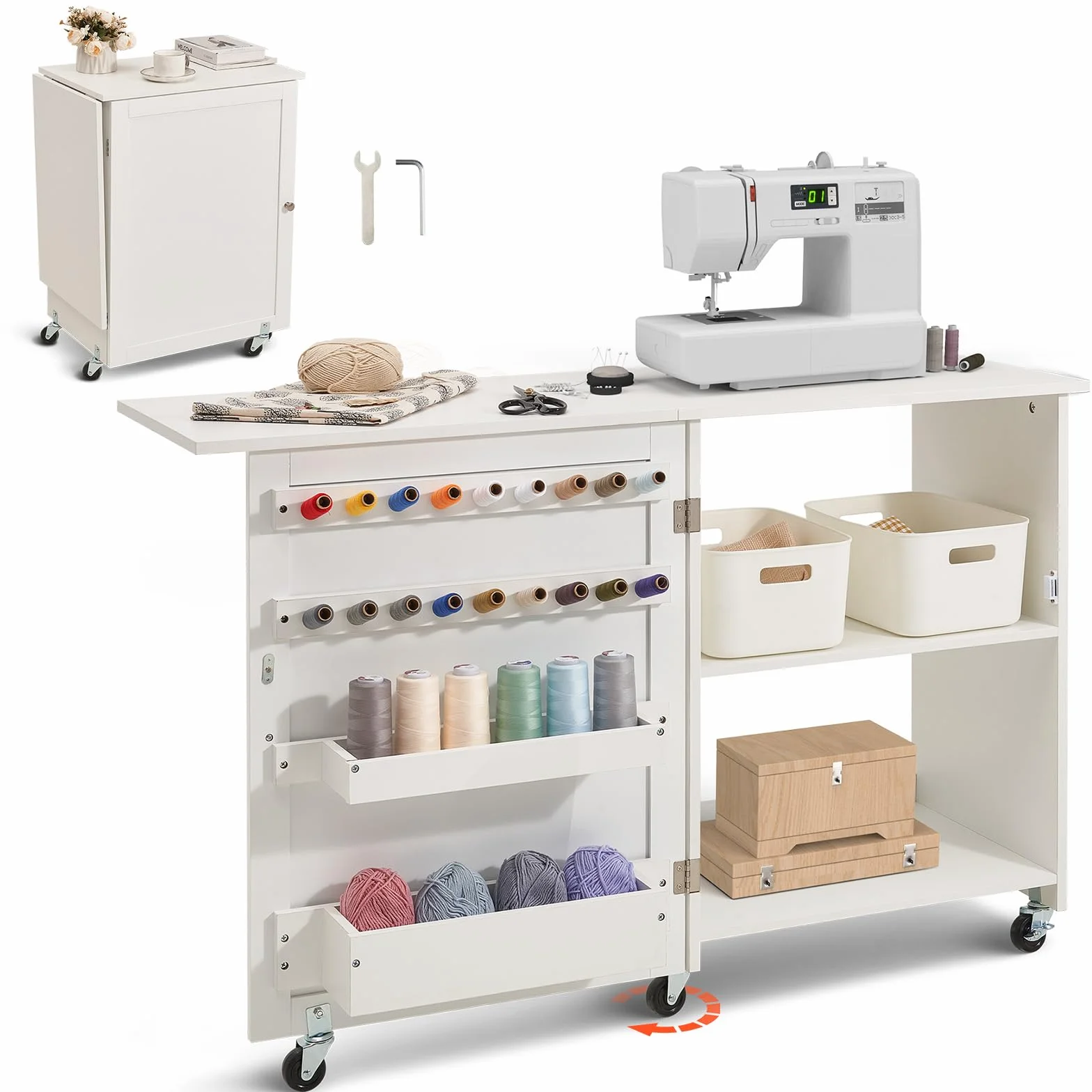 VEVOR Tavolo da Cucito Pieghevole, Tavolo Multiuso per Macchina da Cucire Compatto a Rotelle, Mobiletto da Cucito Ripiani Portaoggetti, Pioli in Legno Ante Magnetiche, Carico max. 40 kg, Bianco