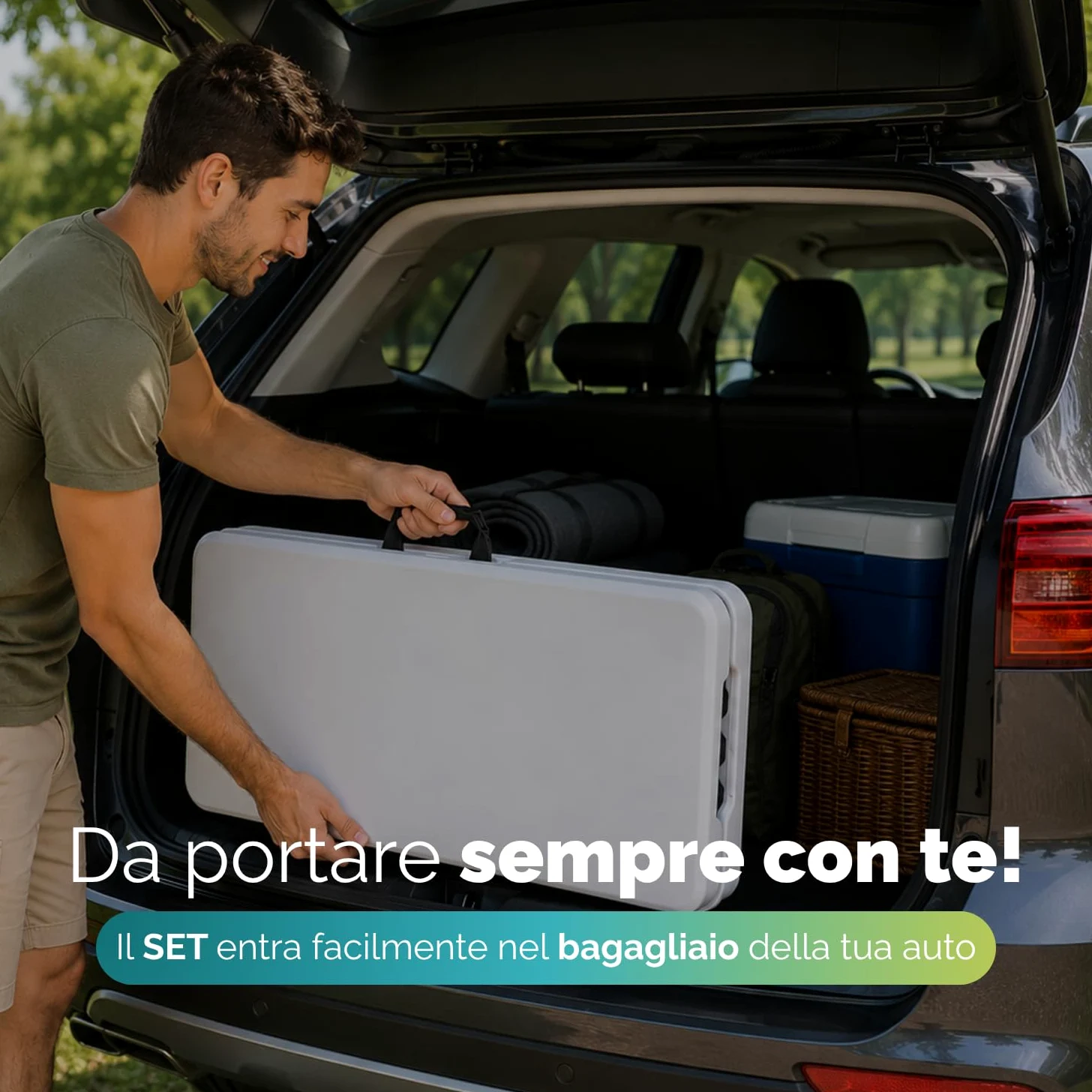 PALUPLUS Set Tavolo Catering con 2 Panche Pieghevoli, Tavolo da 180x71x74 cm e Panca da 180x29x43 cm, Set a Valigetta in Resina con Struttura in Metallo e Maniglia per trasporto -344F/8745F -28