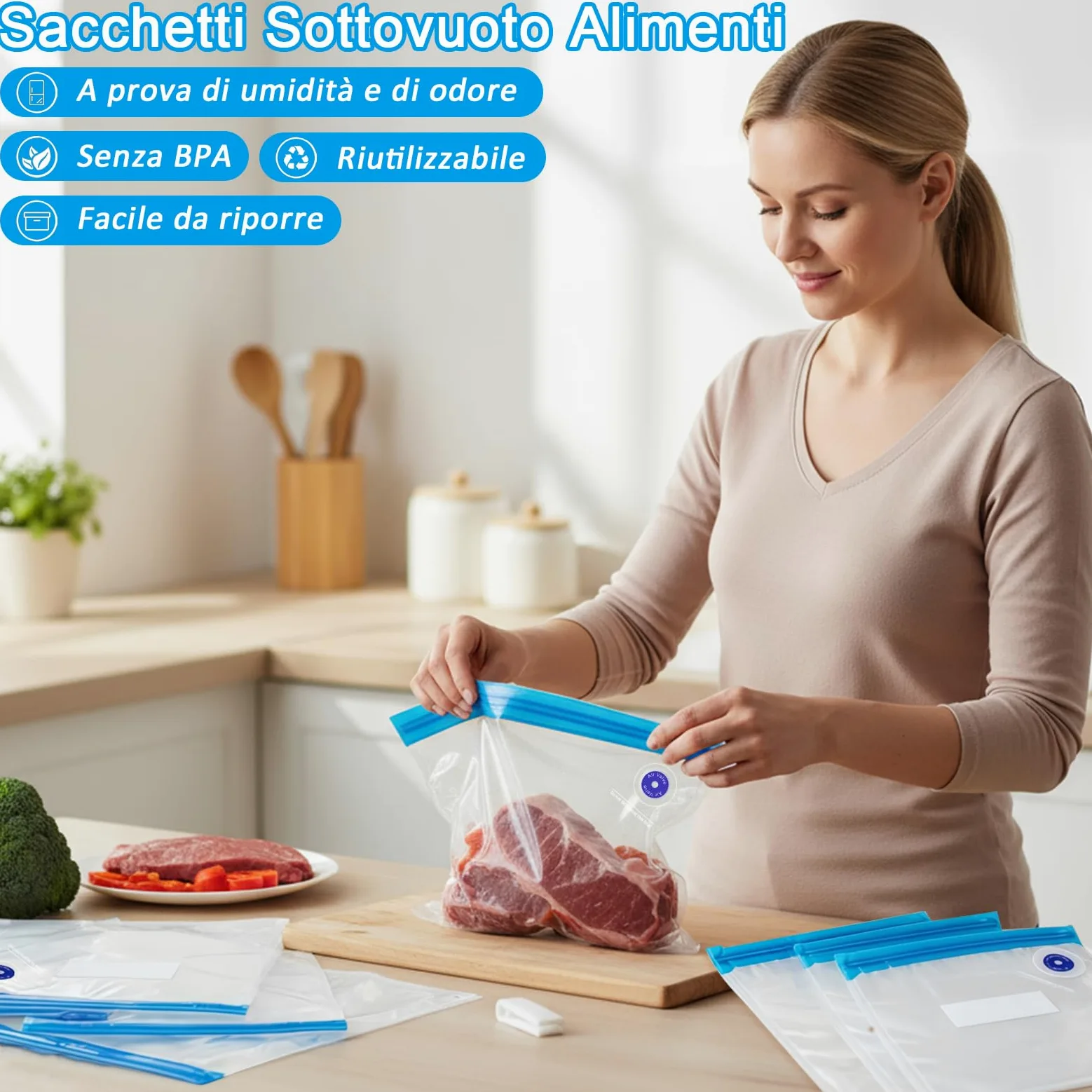 20-pezzi Sacchetti Sottovuoto Alimenti: Buste Sottovuoto Alimenti con Valvola Riutilizzabili Senza BPA - per la Conservazione Degli Alimenti - Cucine Domestiche e Picnic(21x22/26x34cm)