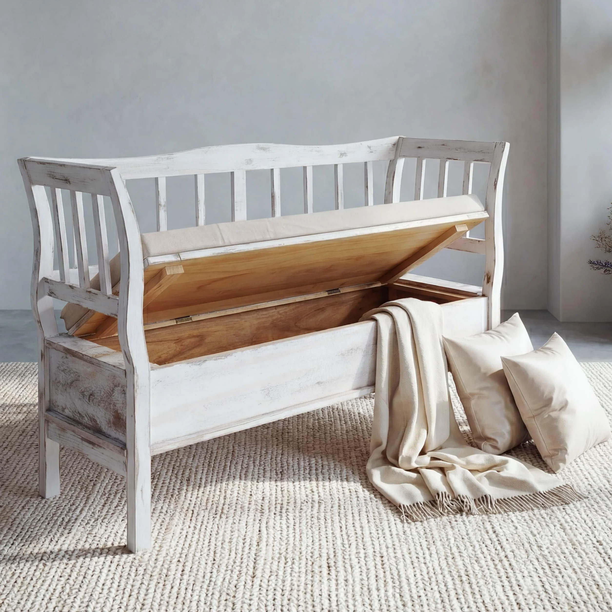Mendler Panca cassapanca 119cm con cuscino T207 legno di paulonia 40x119x85cm bianco antico