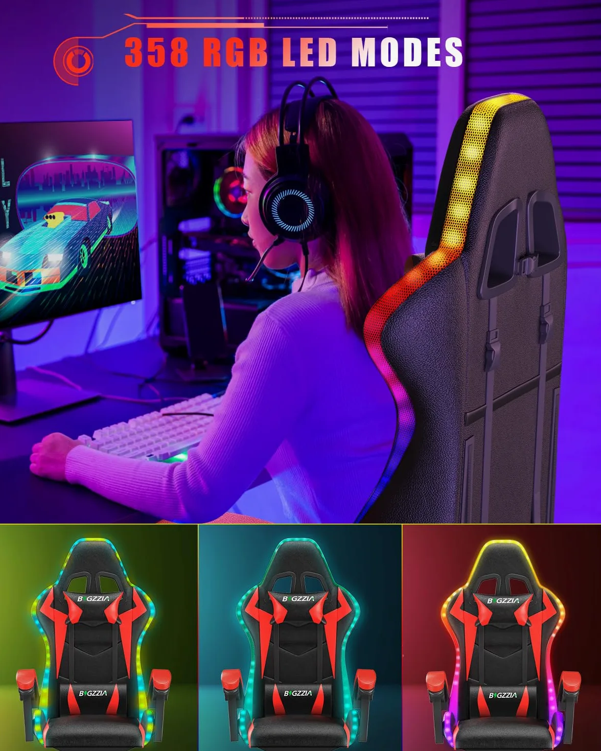 bigzzia Sedia Gaming RGB con Luci LED E Sedia Ergonomica Per Computer Per Videogiochi Reclinabile con Schienale Alto in Pelle Pu con Poggiatesta (Utilizzo di RGB, Rosso)