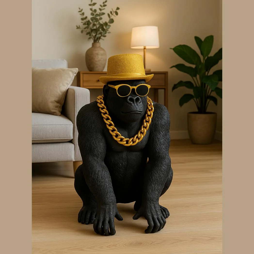 Bongo Gold – Statua Gorilla dorata di alta qualità, statuetta decorativa con occhiali e catena dorata – scultura di design XXL – creazione francese di eccezione per soggiorno ufficio