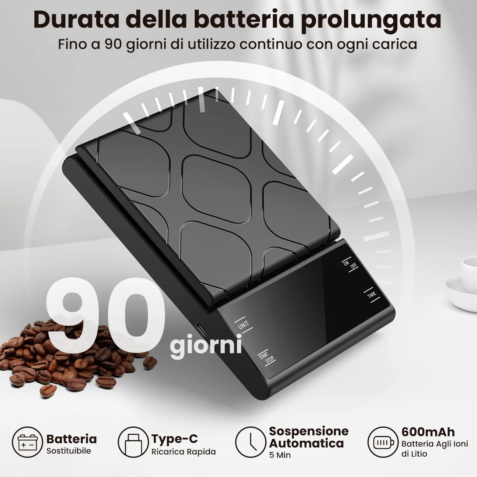 Bilancia da Caffè con Timer, Bilancia da Cucina Digitale Ricaricabile, Bilancia di Precisione da 5 kg/0,1 g per Espresso e Versamento, Bilancia da Caffè con Misurazione Automatica del Tempo