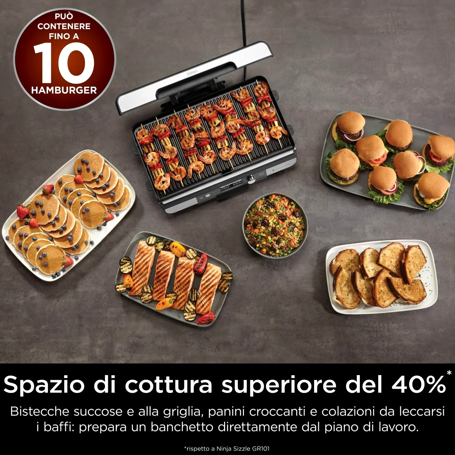 Ninja Sizzle Pro XL Griglia e piastra liscia da interni, rivestimento antiaderente in ceramica, coperchio rimovibile, vassoio raccogli-grasso, ricettario, argento/nero GX101EU