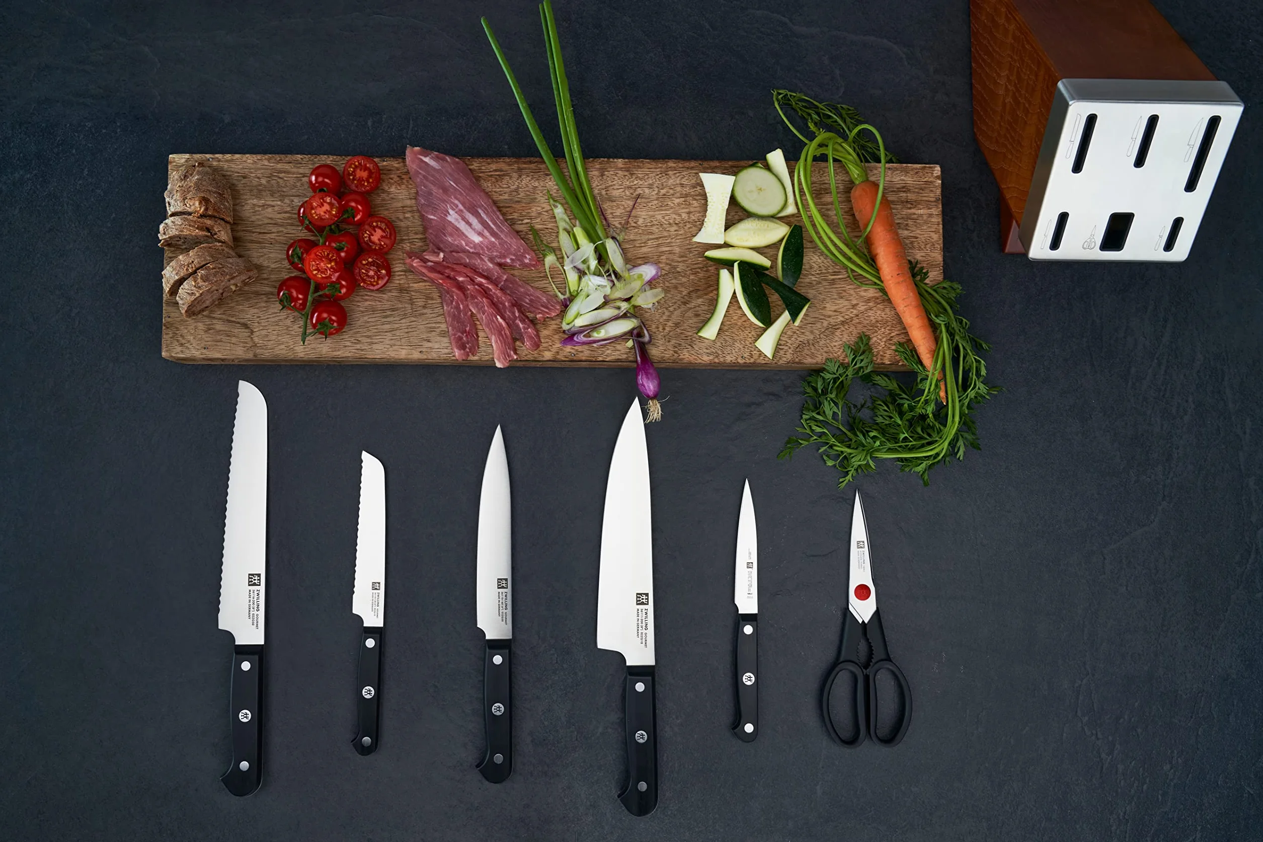 ZWILLING Ceppo di Coltelli Autoaffilante, 7 Pezzi, Ceppo in Legno, Coltelli e Forbici in Acciaio Inox/Impugnature in Plastica, Gourmet