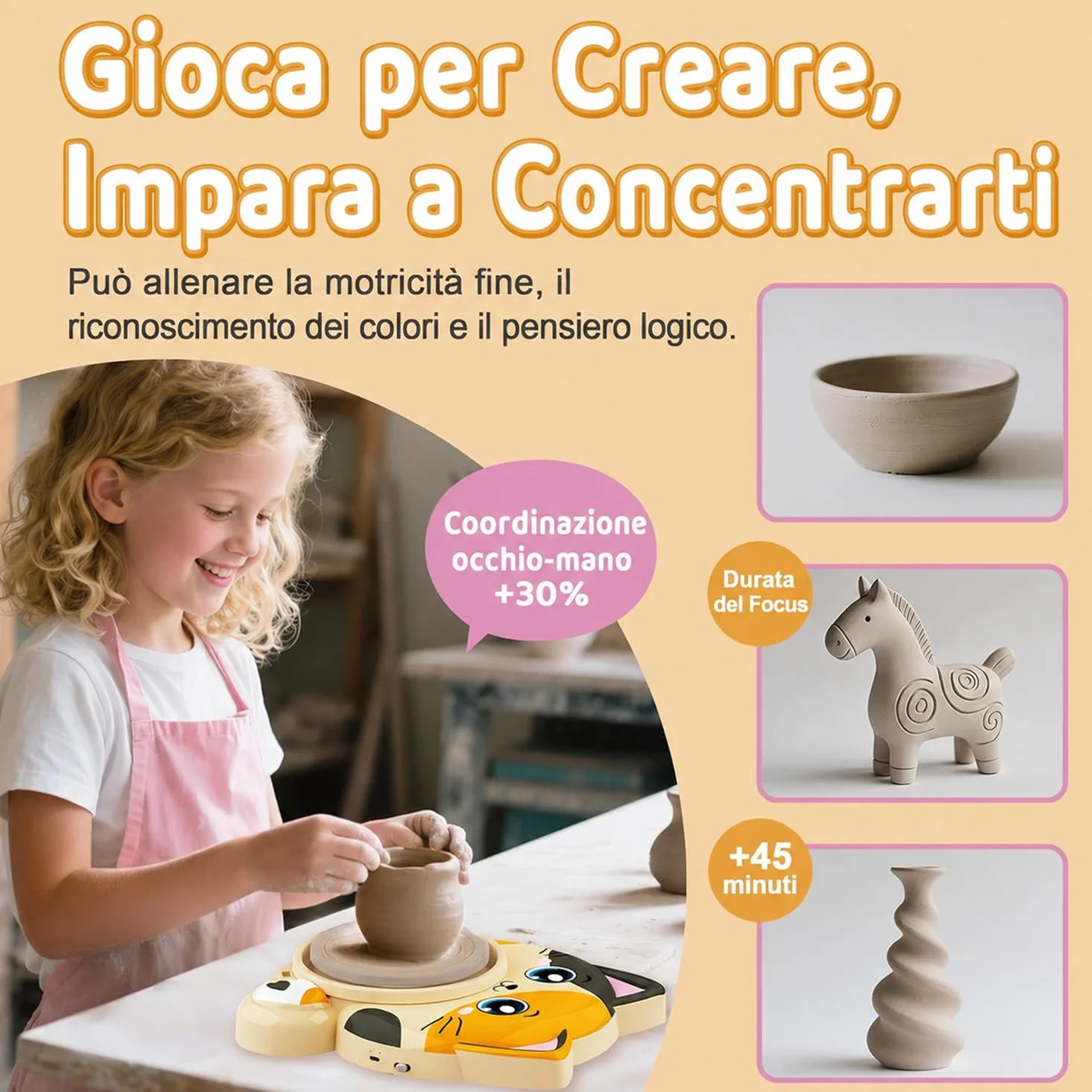 Tornio per Ceramica per Bambini Kit Completo Principianti Set Creativo 6+ Anni 3x Argilla Asciugatura all'Aria Fai da Te Regalo Pasqua