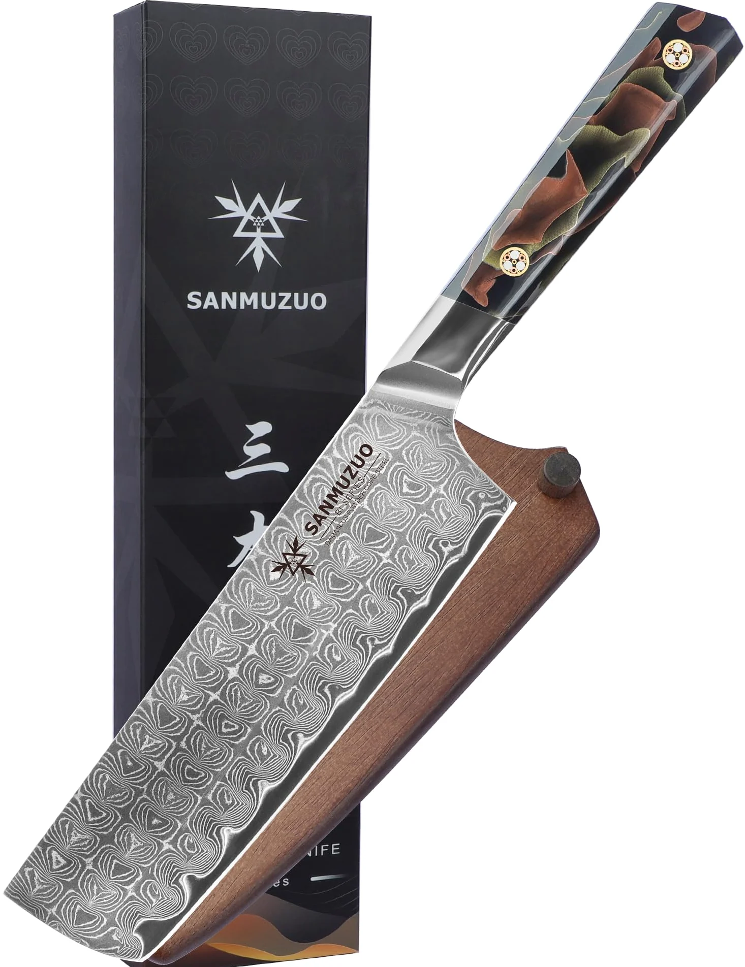 Coltello da cucina Nakiri da 18 CM, coltello da cucina professionale, acciaio in polvere di Damasco ultra affilato con impugnatura in resina a codolo intero, serie Bi