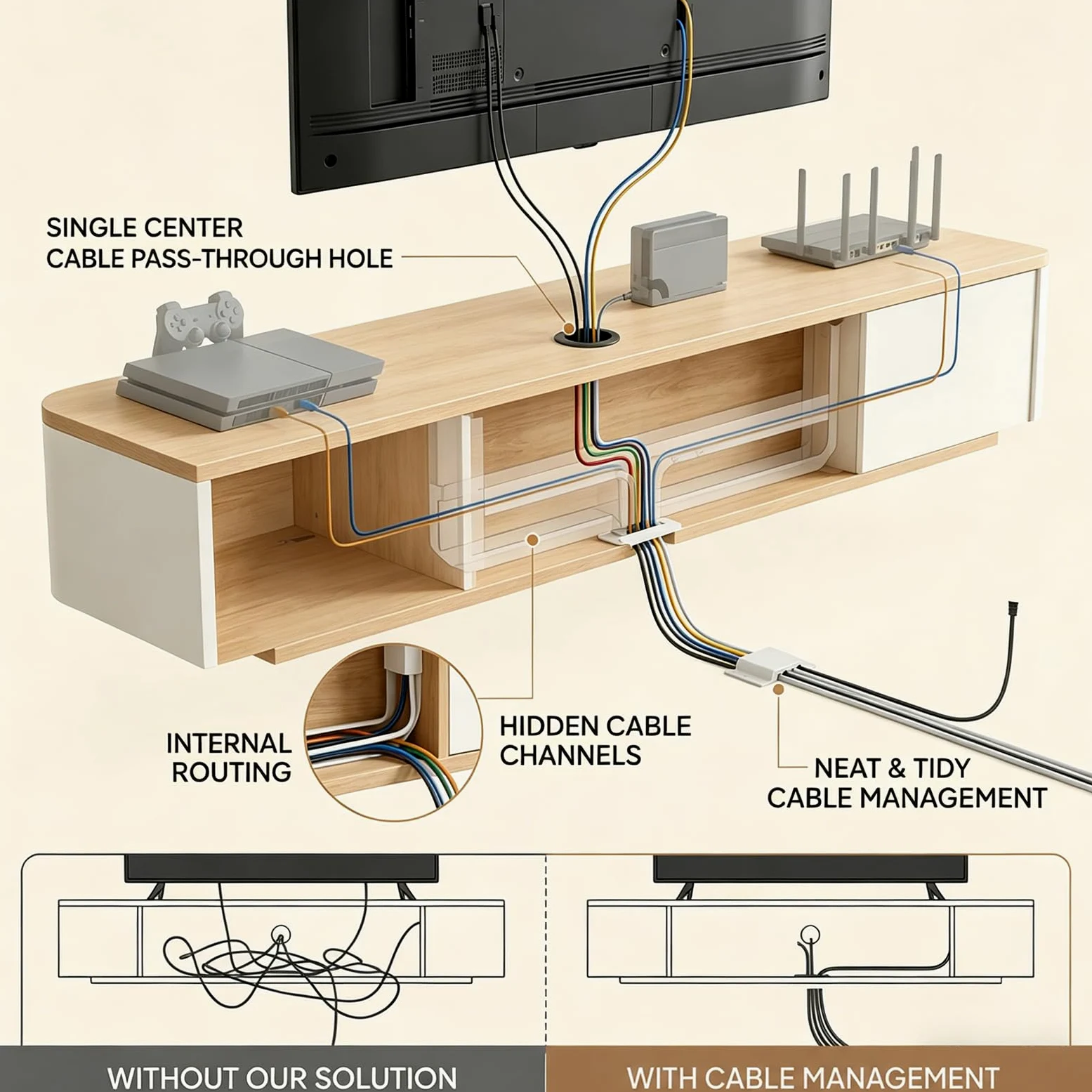 Mobile TV moderno 280 cm Beige e Bianco, Mobile TV basso con 2 cassetti e 2 ante a ribalta, Piano TV sospeso, Gestione dei cavi di alta qualità, Tavolo TV per soggiorno e sala da pranzo