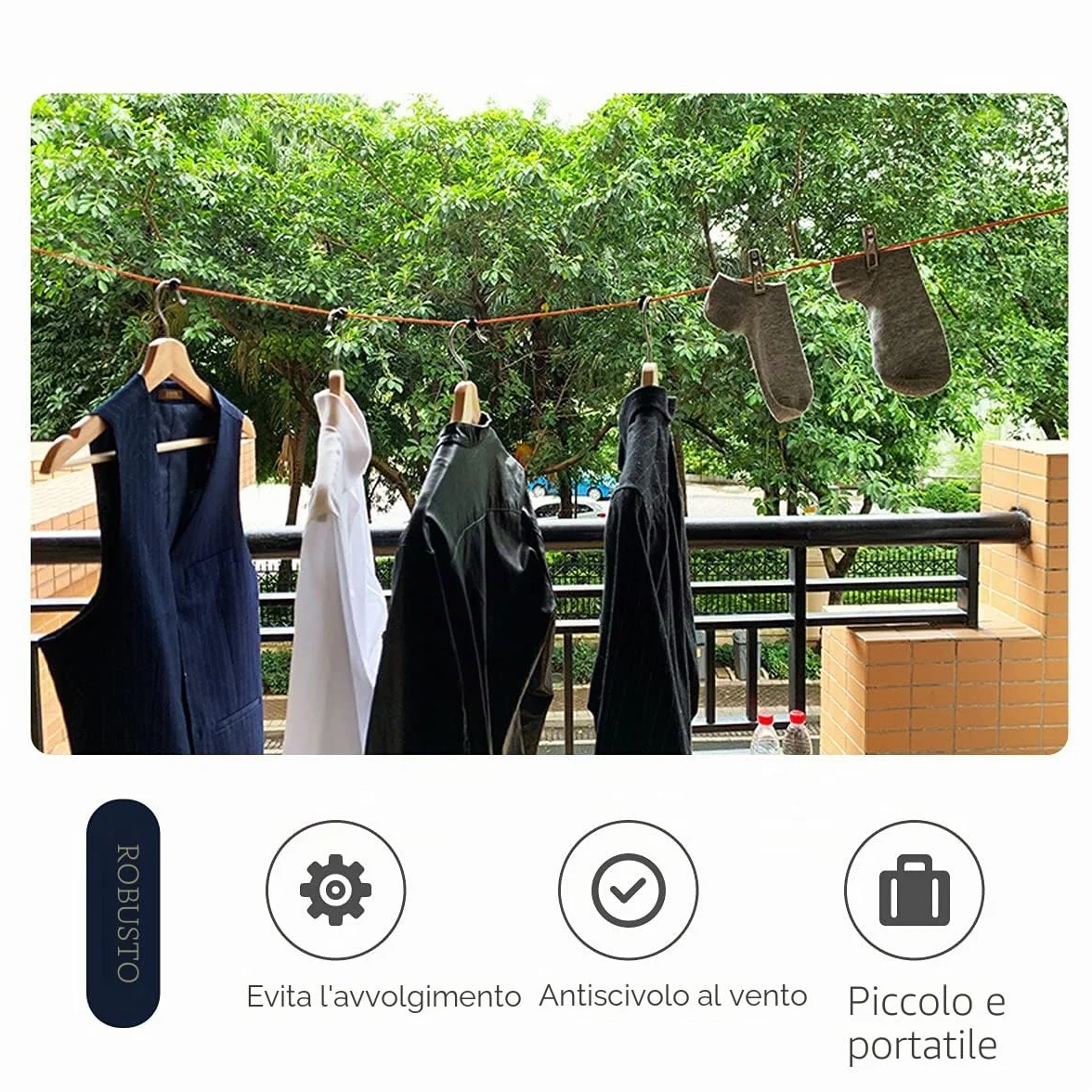 Stendibiancheria Estensibile,10M Filo Stendibiancheria Per Esterno, Hotel, Campeggio, Cortile, Esterno/Interno con 20 Mollette Antivento