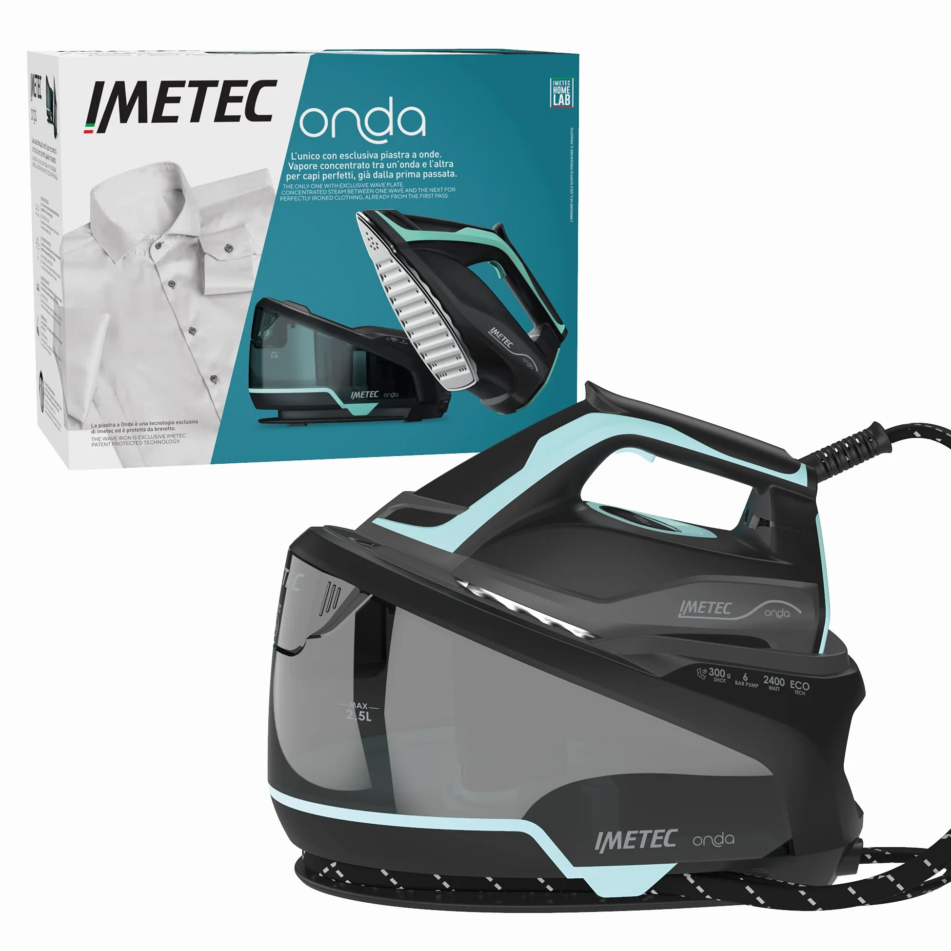 Imetec Onda P1 Ferro da Stiro Generatore di Vapore, Piastra a Onde Scorrevole Brevettata, 2400W, Colpo Vapore 300 g, Serbatoio 2,5L, 3 Filtri con Ioni di Argento, Tecnologia No Stop Vapor