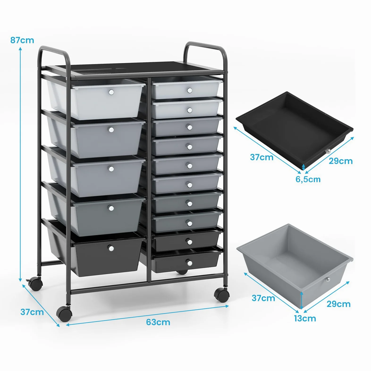 COSTWAY Carrello con 15 Cassetti Impilabili, Carrello di Stoccaggio con Ruote, Carello Portaoggetti per Casa e Ufficio, 63 x 37 x 87 cm (Nero 2)