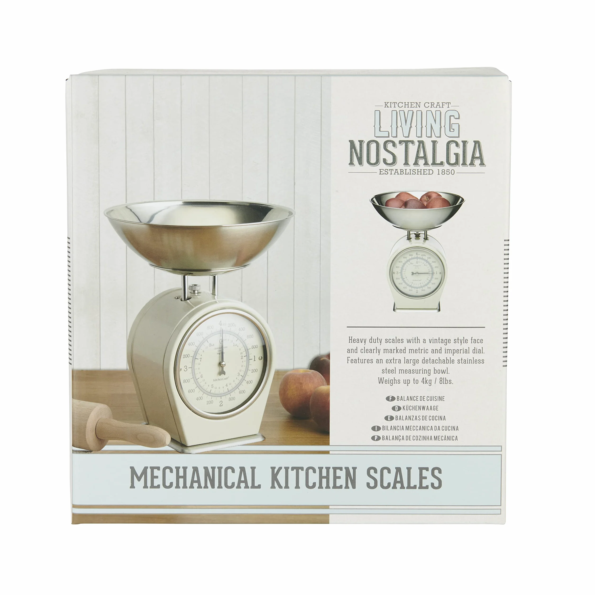 KitchenCraft Living Nostalgia Bilancia da Cucina Meccanica Analogica 4 kg Crema Antico