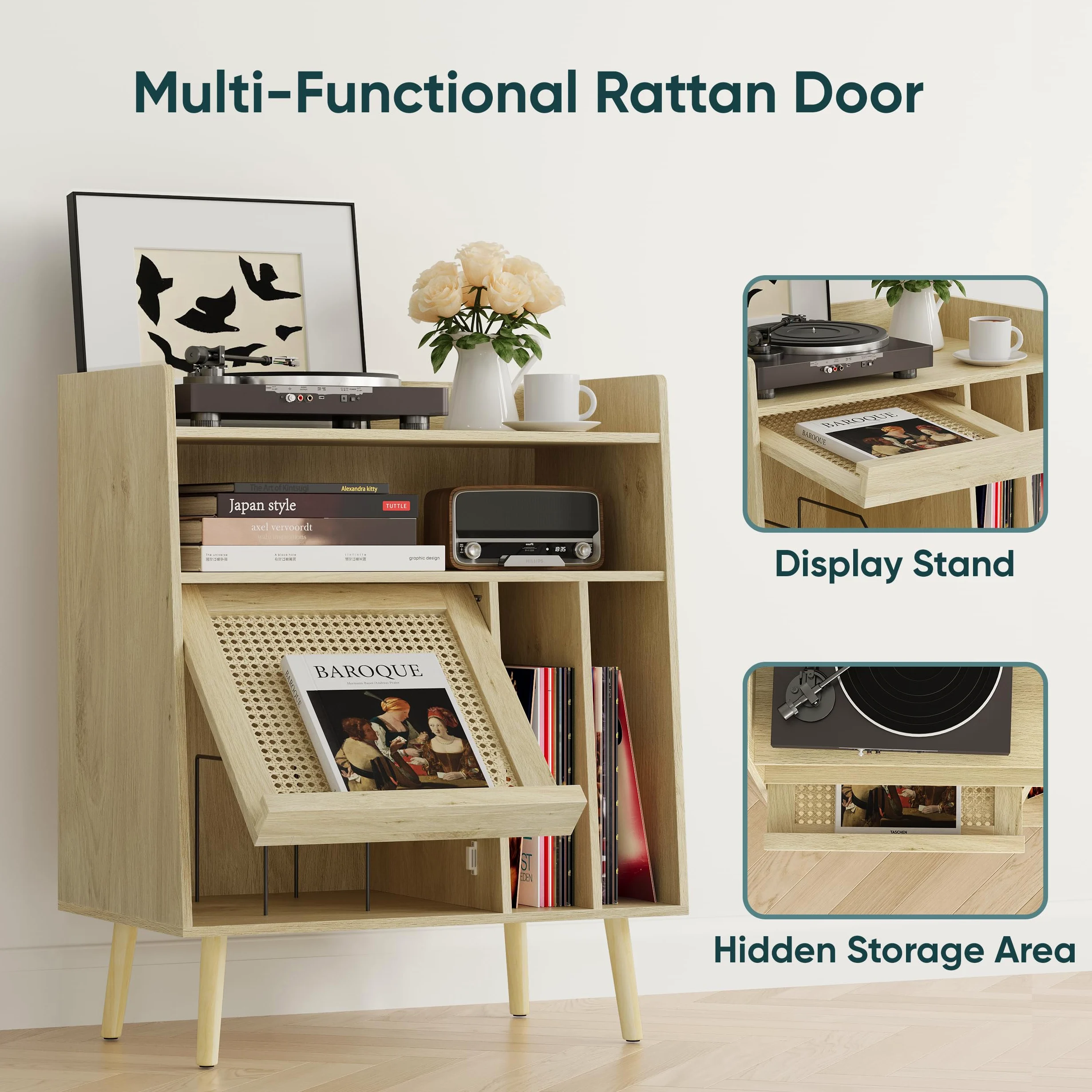 Semiocthome Giradischi con funzione di conservazione in vinile, supporto per dischi con ante in rattan e gambe in legno massello, adatto per giradischi. (grande)