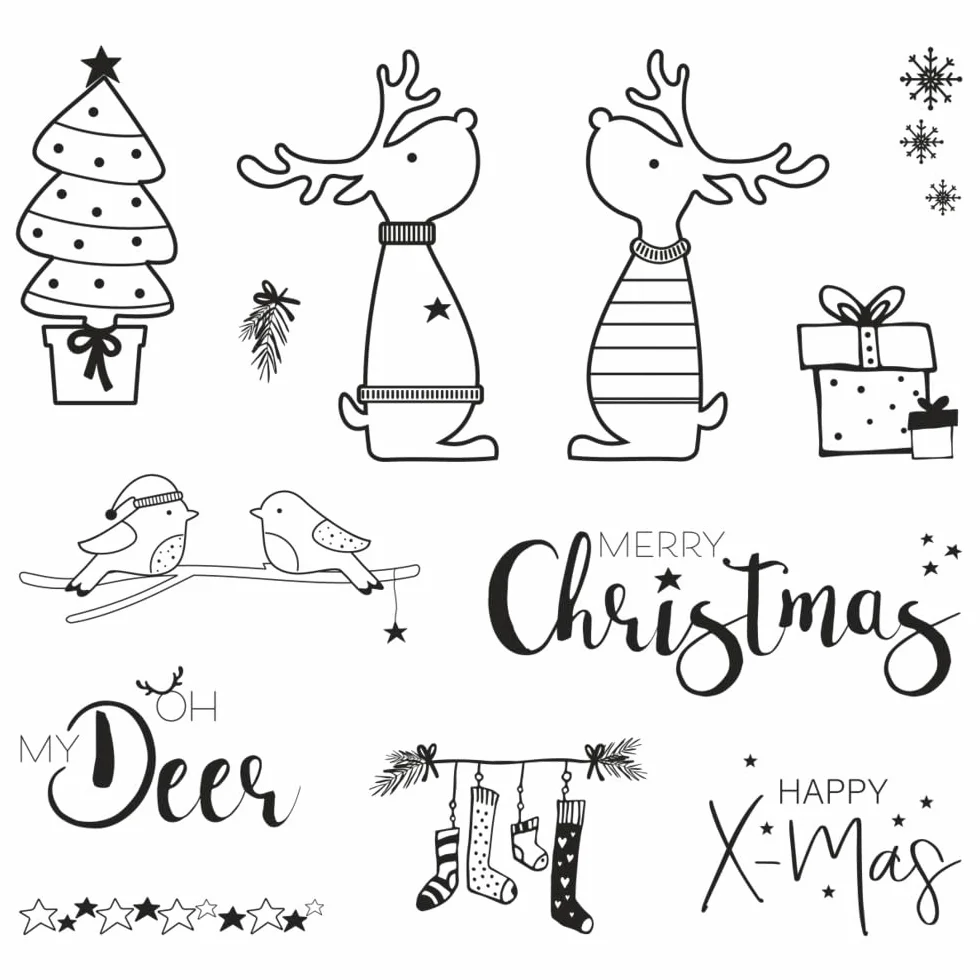 Rayher Clear Stamps Set timbri trasparenti in silicone, tavoletta 102,5x97mm, 12 motivi invernali e natalizi, amici renne, per scrapbooking e decoro, biglietti d'auguri e pacchi regalo, 50253000