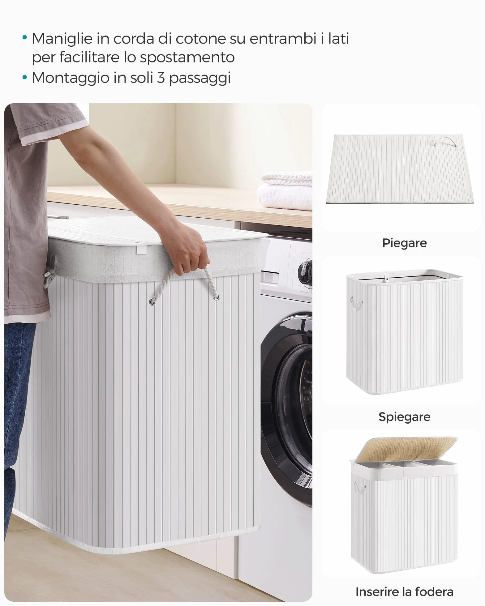 SONGMICS Cesto Portabiancheria, 150 L, Cesta Biancheria a 3 Scomparti in Bambù Coperchio, Maniglie, Pieghevole, Sacco Rimovibile e Lavabile in Lavatrice, Lavanderia, Casa, Bagno, Bianco LCB091W01