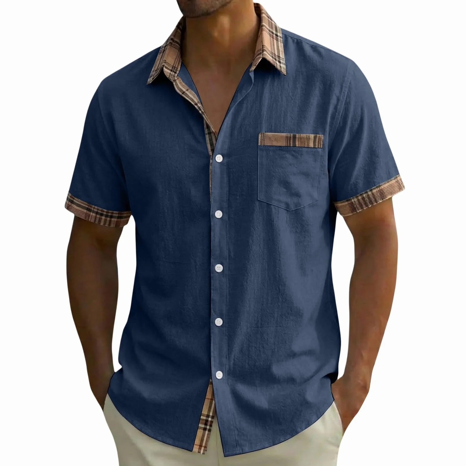 Camicia da uomo a maniche corte con bottoni casual estiva con tasca sul petto