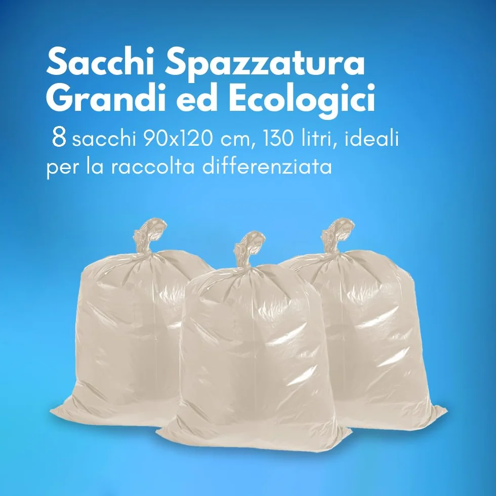 GM 80 Sacchi Ambra Trasparenti Grandi Resistenti misura 90x120 cm in Plastica HDPE, 130 litri, Sacchetti indifferenziata, Buste spazzatura, Bustoni immondizia condominiali, 8 Rotoli da 10 Buste