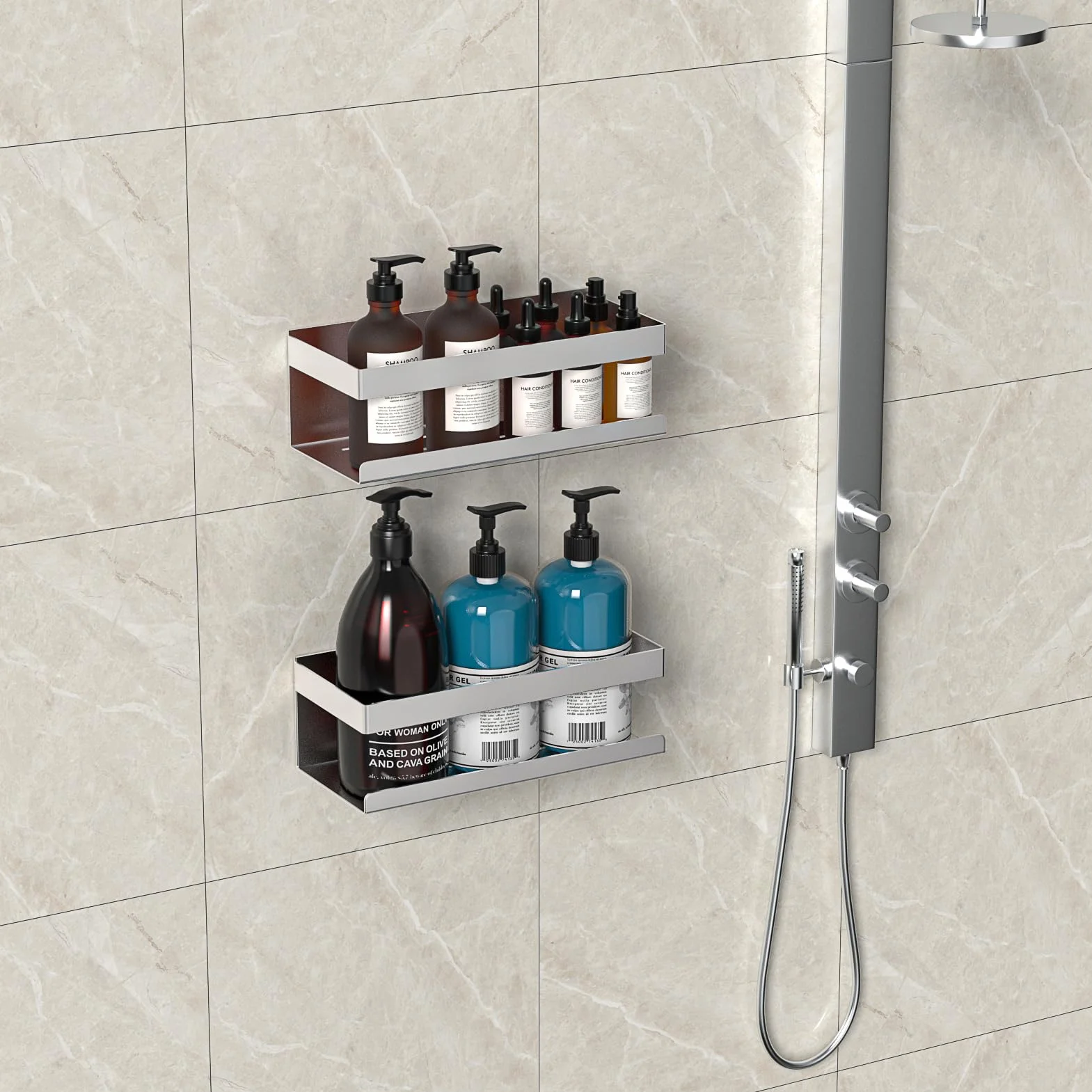 Mensola Doccia Senza Foratura SUS304 Acciaio Inox, Porta Bagnoschiuma Shampoo, 2 Pezzi Organizer Doccia Argento