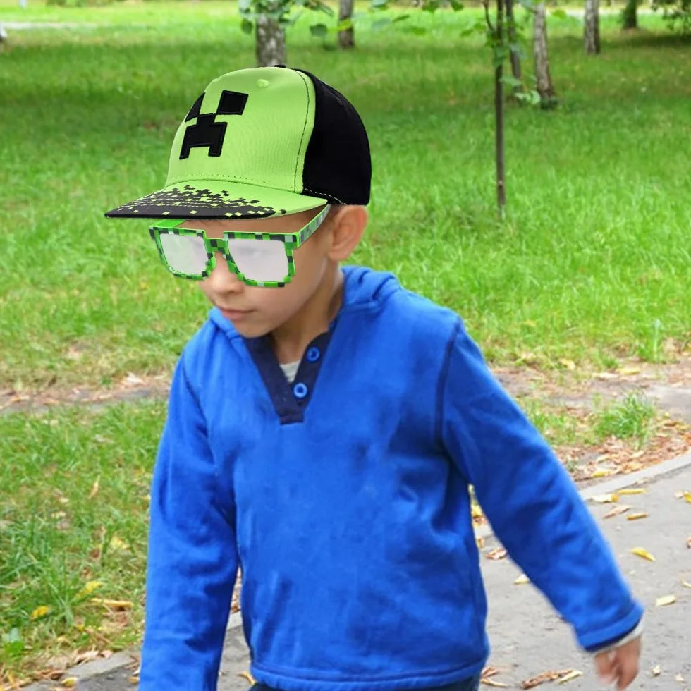 Minecraft Cappellino Baseball 2PCS Cappello da Sole Occhiali da Sole Berretto Cartoni Protezione Solare Cotone Regolabile Set Bambini