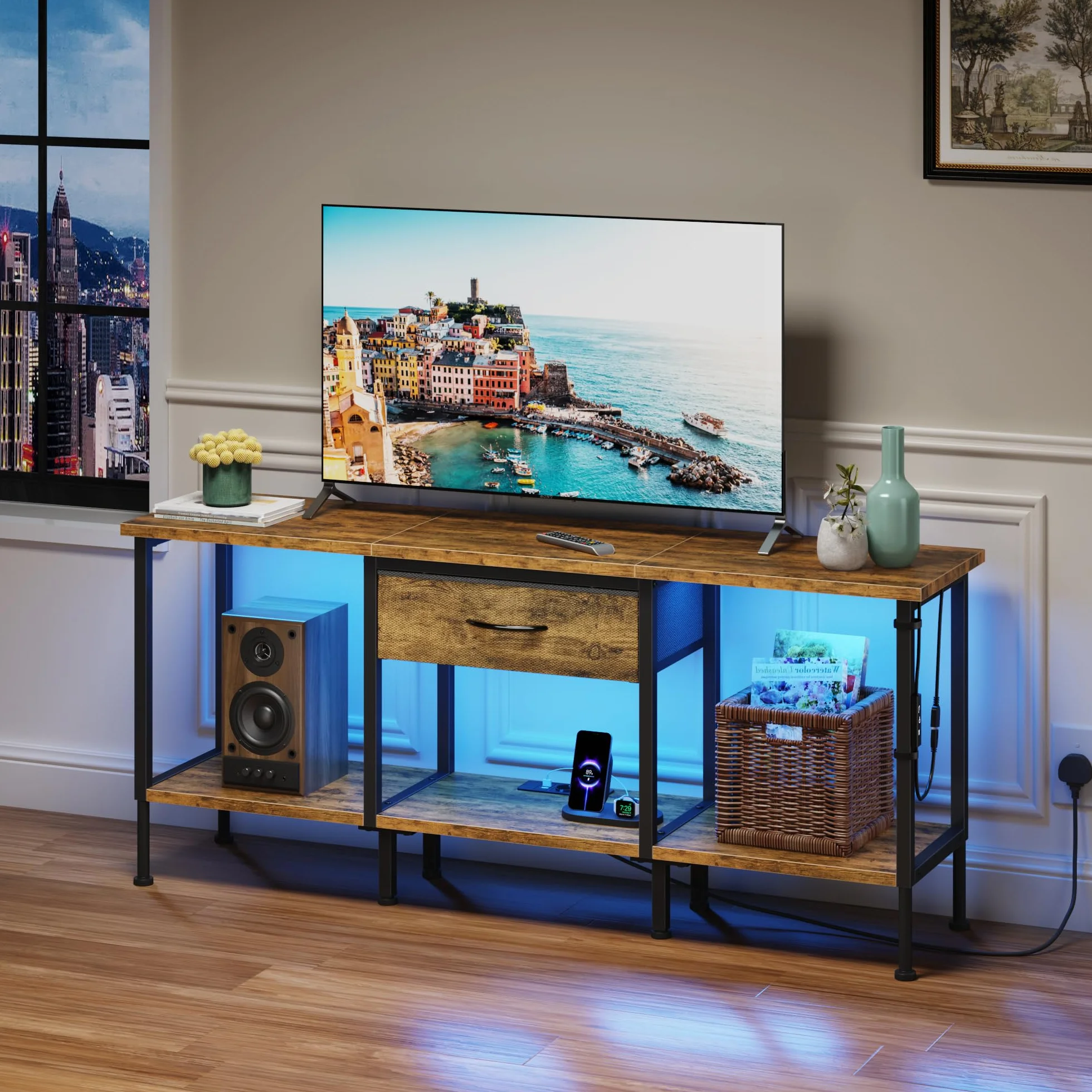 Mobile TV con Presa, Supporto TV con Illuminazione a LED, Cassetto in Tessuto e Ripiani Aperti, 120 cm Mobile TV per TV fino a 55″ per Soggiorno e Camera da Letto, Marrone Rustico