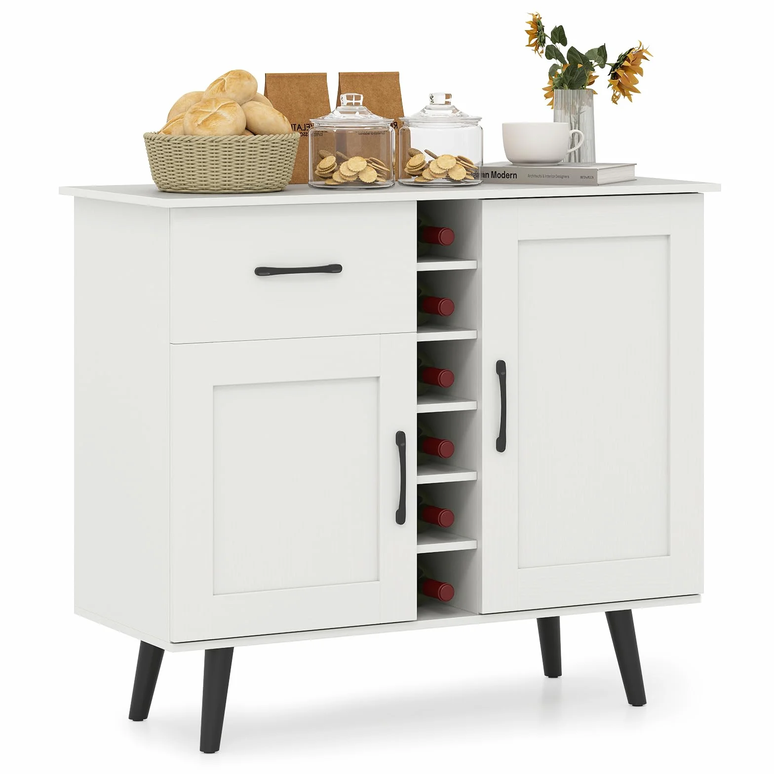 RELAX4LIFE Mobile Bar per Vino, Credenza con 2 Ante e 1 Cassetto, Porta Bottiglie da 6, Ripiani Regolabili, Credenza con Spazio per Vino per Cucina, Sala da Pranzo, Soggiorno