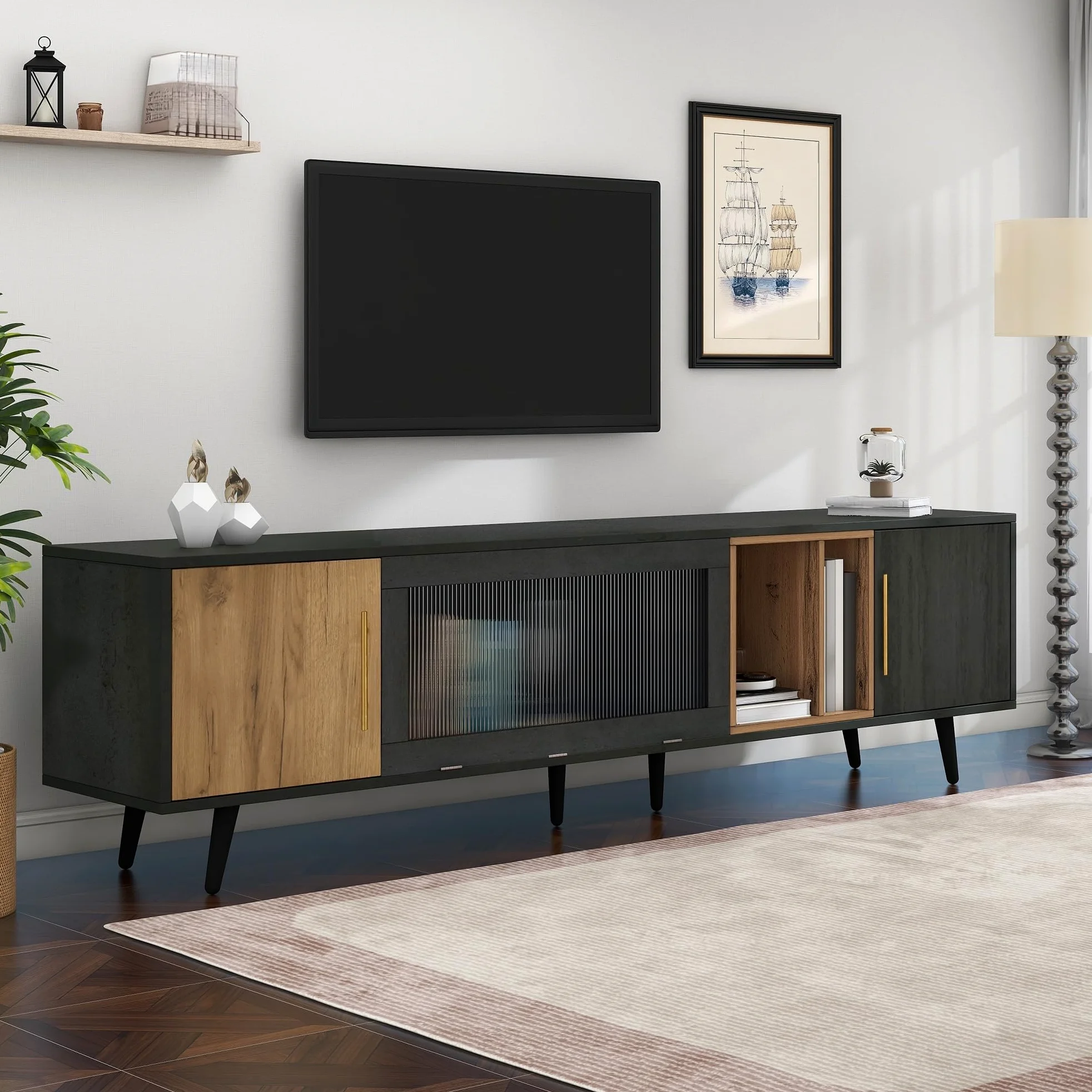 Rtopsu Mobile TV, Tavolo TV Basso per TV Fino a 90 Pollici, Scaffale TV con 3 Ante e 4 Vani Portaoggetti Mobile per Soggiorno Sala da Pranzo Camera da Letto, 200x40x55.5 cm, Legno, Grigio & Marrone