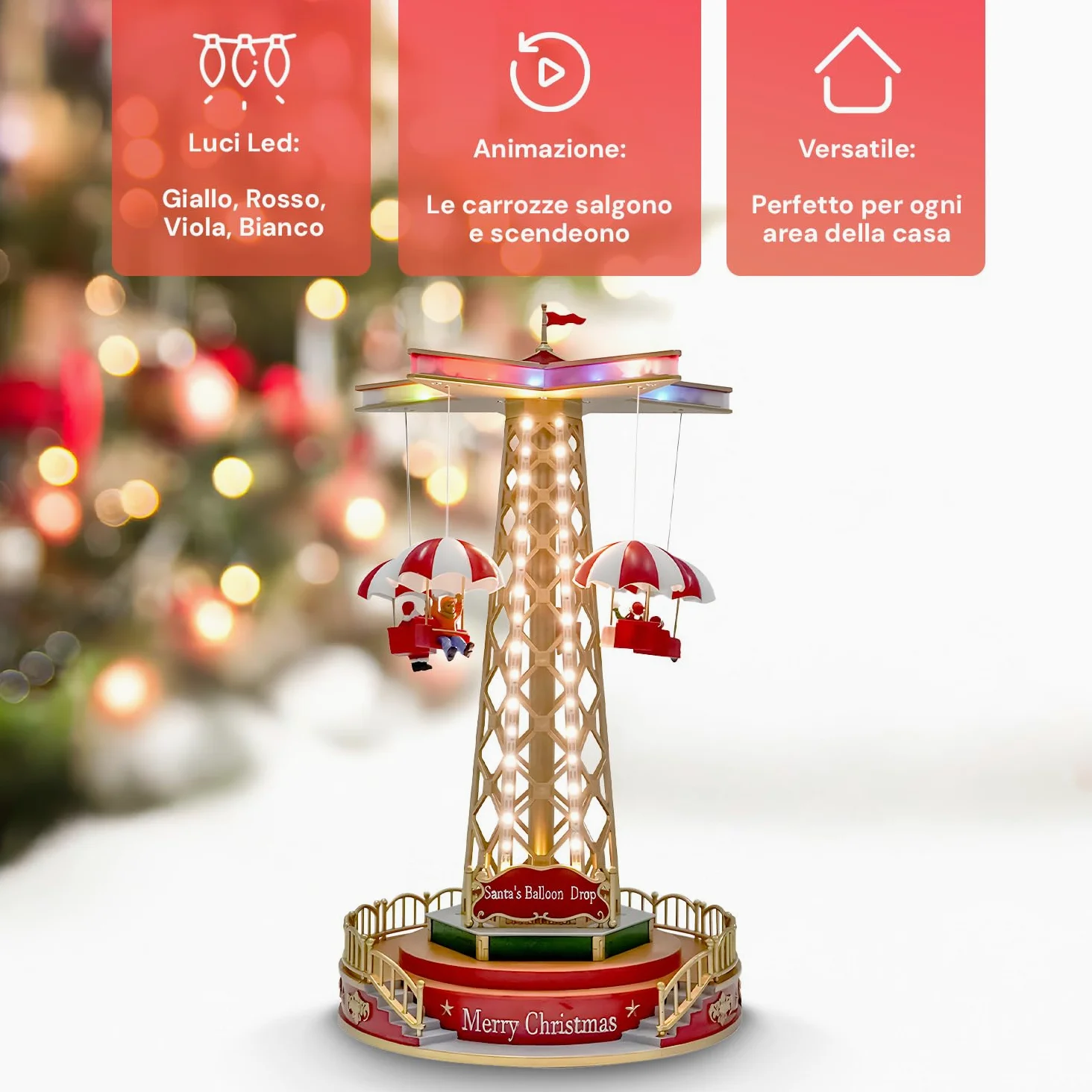 Avilia Giostra Natalizia Animata con Musica e Luci Led - Ideale per Decorare Casa o Villaggi di Natale Durante le Feste Natalizia - Dipinta a Mano è Adatta a Tutti gli Arredamenti - 44.5x24,5x24.5cm