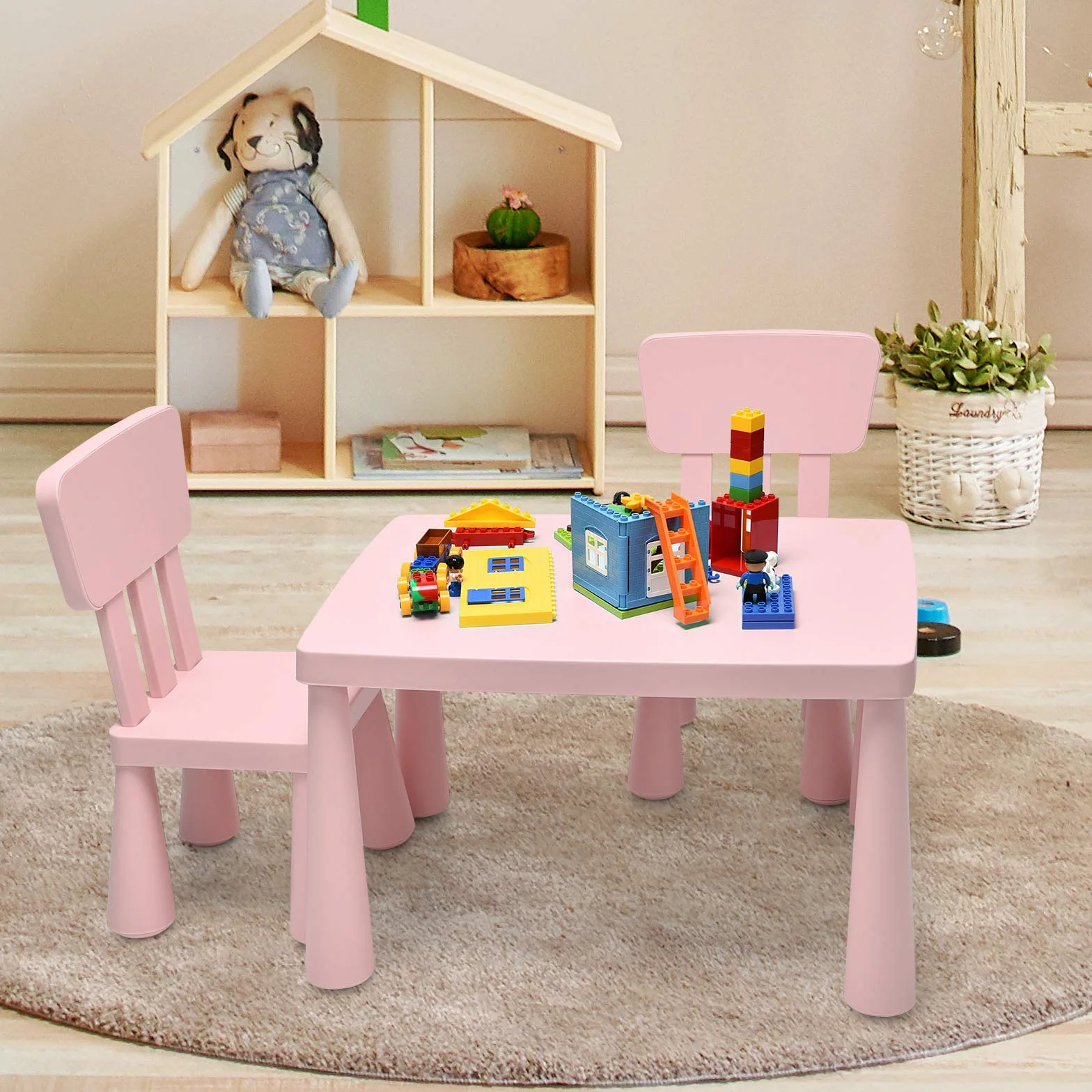 COSTWAY Set Tavolo e Sedie per Bambini 1-7 Anni, 2 Sedie Ergonomiche con Schienale, Materiale PP Atossico e Inodore, Angoli Arrotondati, Adatto per Giocare, Disegnare e Leggere, Portata 50kg (Rosa)