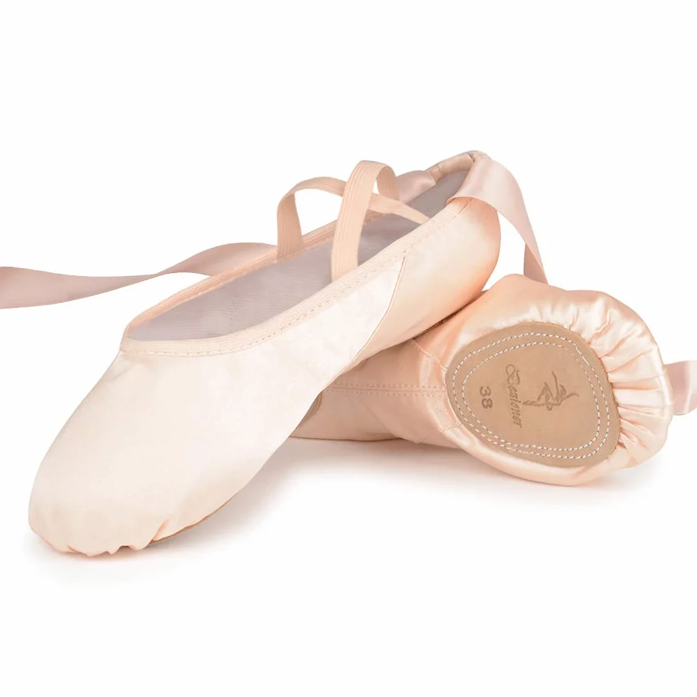 Scarpe da Danza Classica Raso con Nastro Suola Divisa in Pelle per Bambini e Adulti
