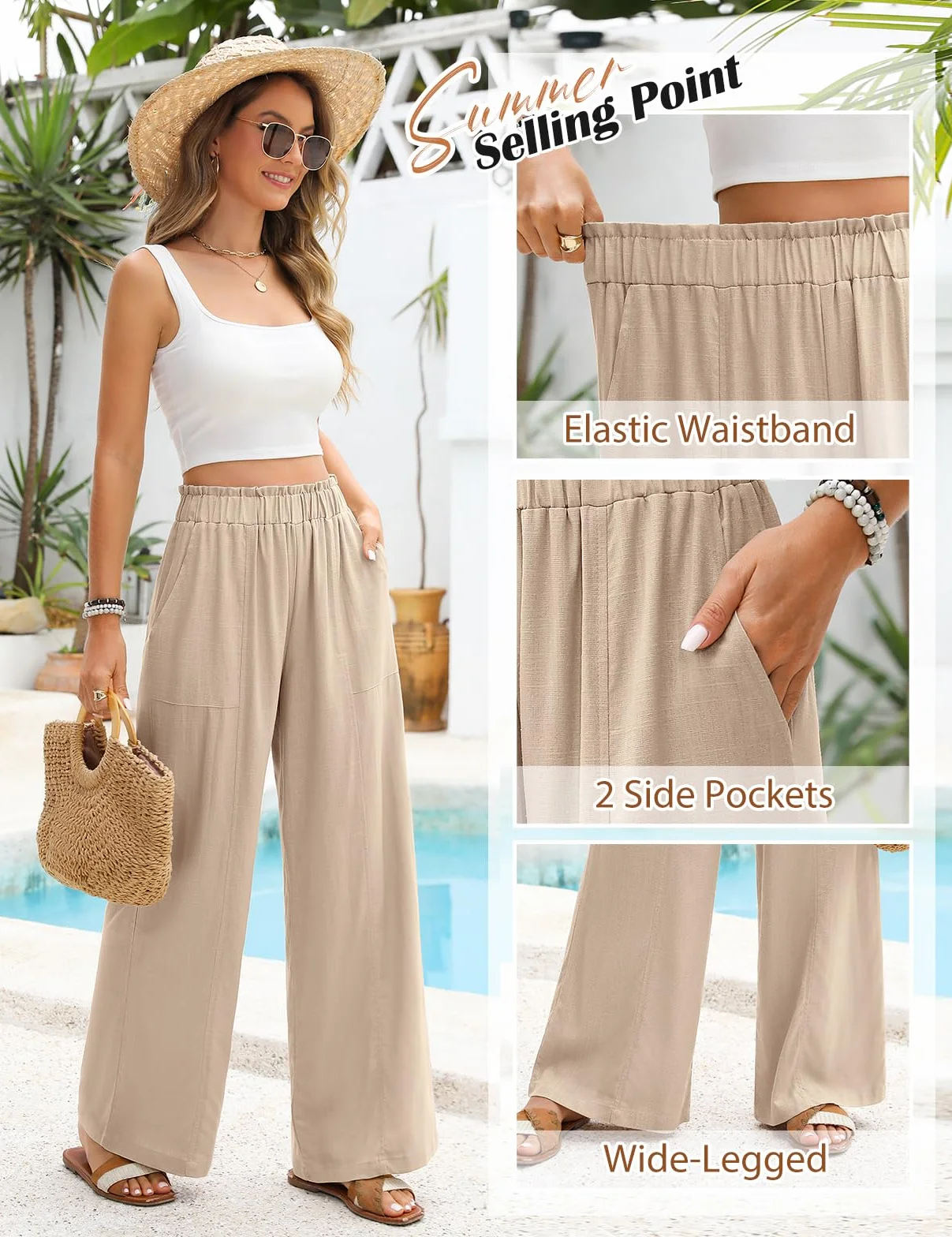 Pantaloni Lino Donna Estivi Pantaloni Larghi Leggeri Elastico Vita Alta Pantaloni di Lino Eleganti Casual da Spiaggia Comodi Pantaloni Tinta Unita con Tasche