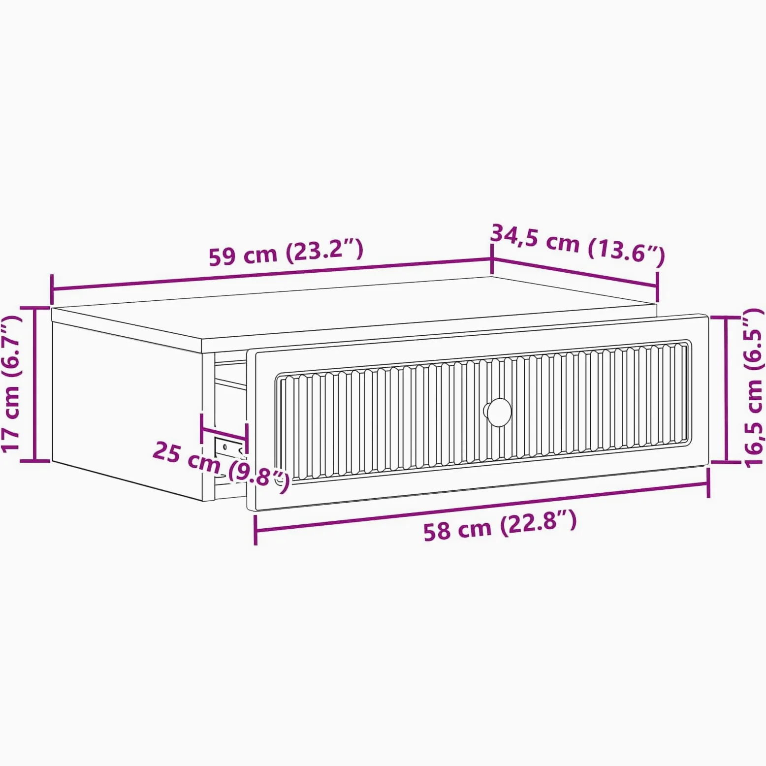 Tavolino da parete bianco in legno 59 x 34,5 x 17 cm con cassetto, spazio e ripiano per soggiorno, ufficio, corridoio, credenza versatile salvaspazio e organizer