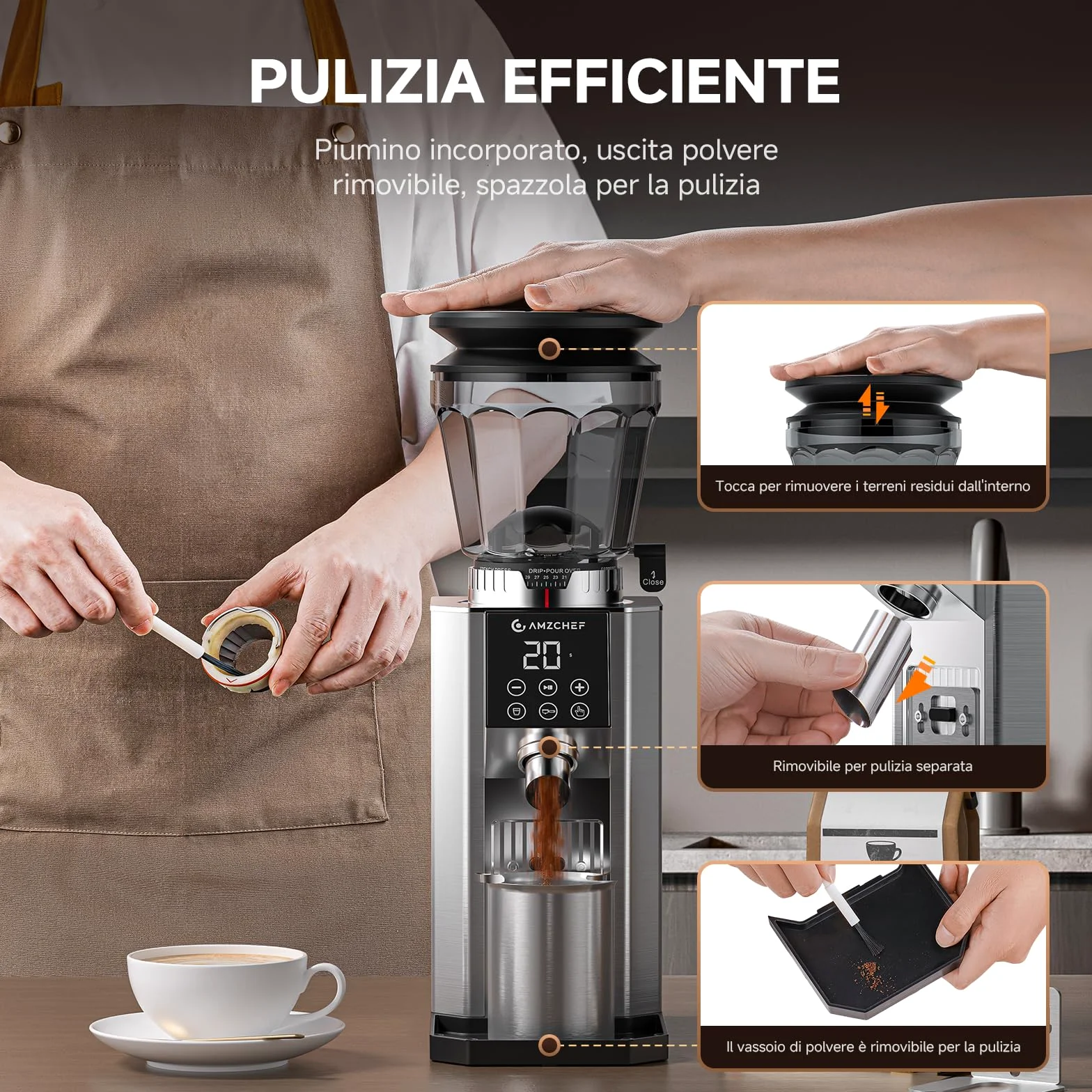 AMZCHEF Macinacaffè Elettrico con 45 Livelli di Macinatura, Macine Coniche in Acciaio Inox, Supporto Portafiltro Regolabile, Pannello di Controllo Touch LED, Corpo in Acciaio Inox