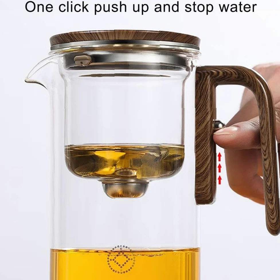 Teiera stregoneria, teiera incantata con controllo a pressione, teiera magica con infusore, teiera in vetro con colino, teiera magica 2 in 1 per tè sfuso, teiera magica in vetro con manico in legno