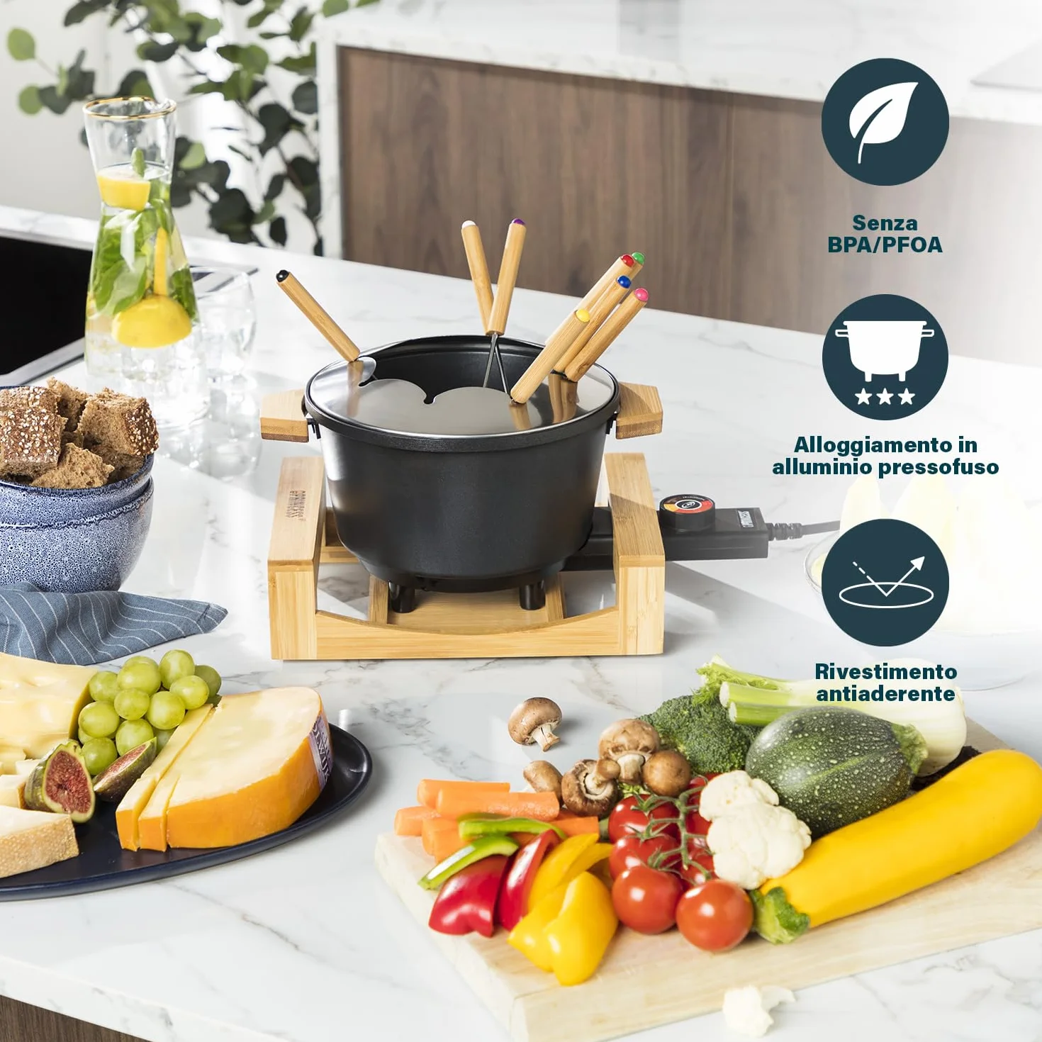 Princess Fonduta Pure Nera 1,5 L 8 forchette Supporto in bambù Rivestimento antiaderente