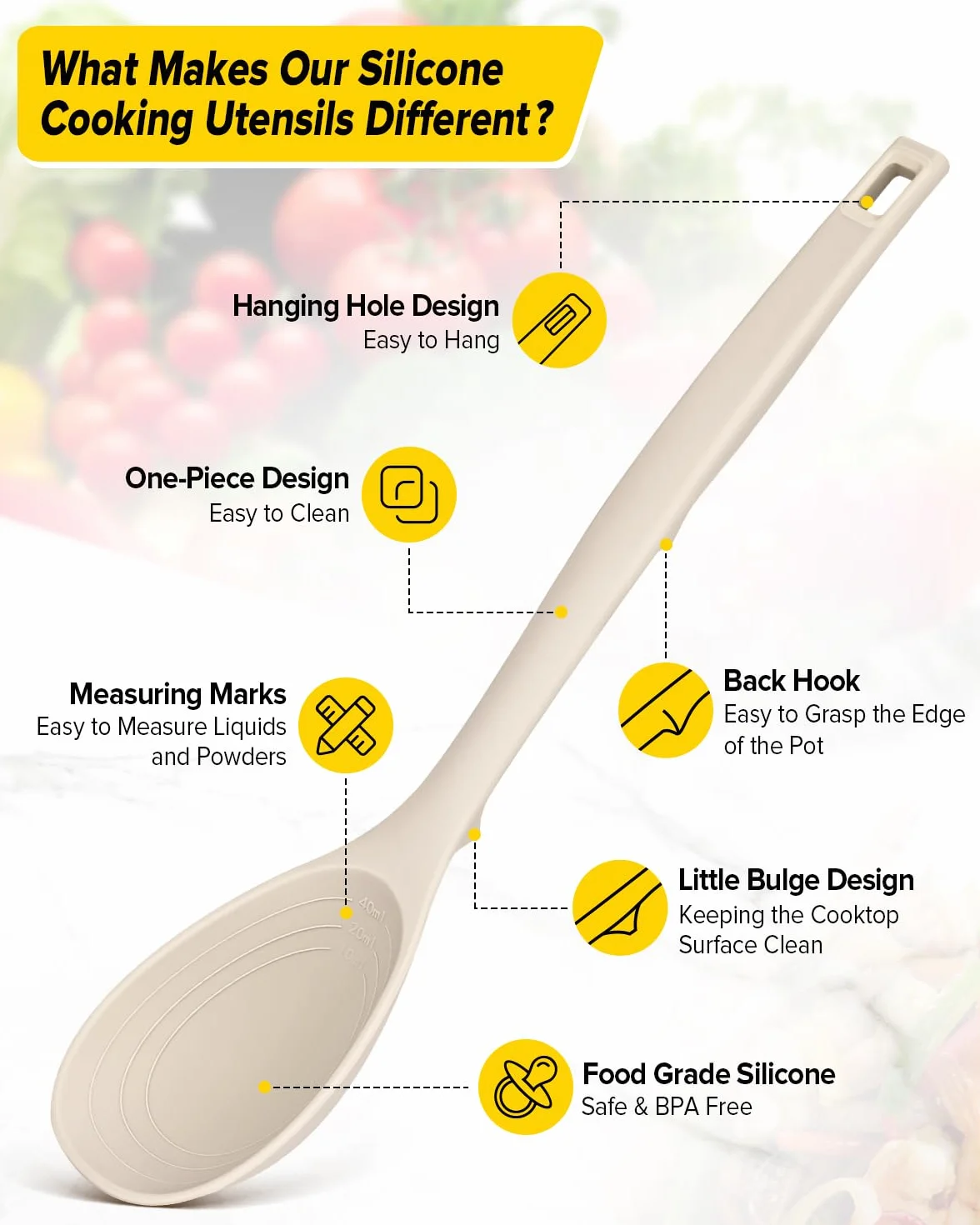 Set di 9 utensili da cucina in silicone, resistenti al calore, con ganci posteriori, senza BPA, con spatole, cucchiai, schiumarola e forchetta per pasta, per pentole antiaderenti (KHAKI)