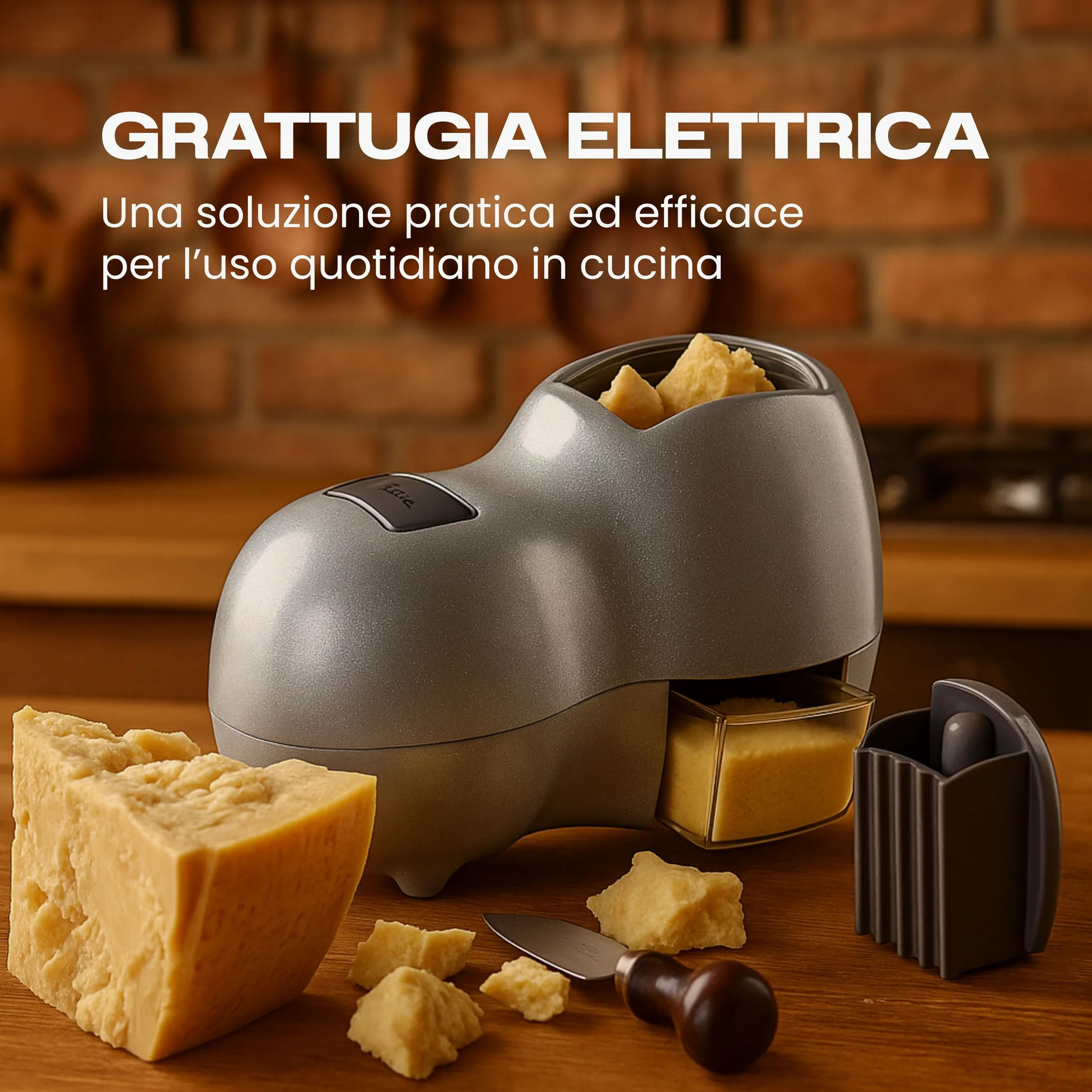 Reber Grattugia Elettrica per Formaggio 140W - Ideale per Parmigiano, Pane Secco, Cioccolato e Frutta Secca - Uso Continuo senza Soste - Facile da Pulire - Fido Silver