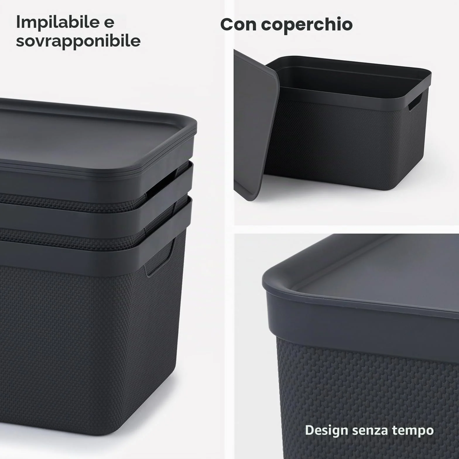 Jive Dekobox Set 3 Scatole Decorative Portaoggetti 5 l Plastica PP Riciclato Nero 26.5 x 18.5 x 13.5 cm