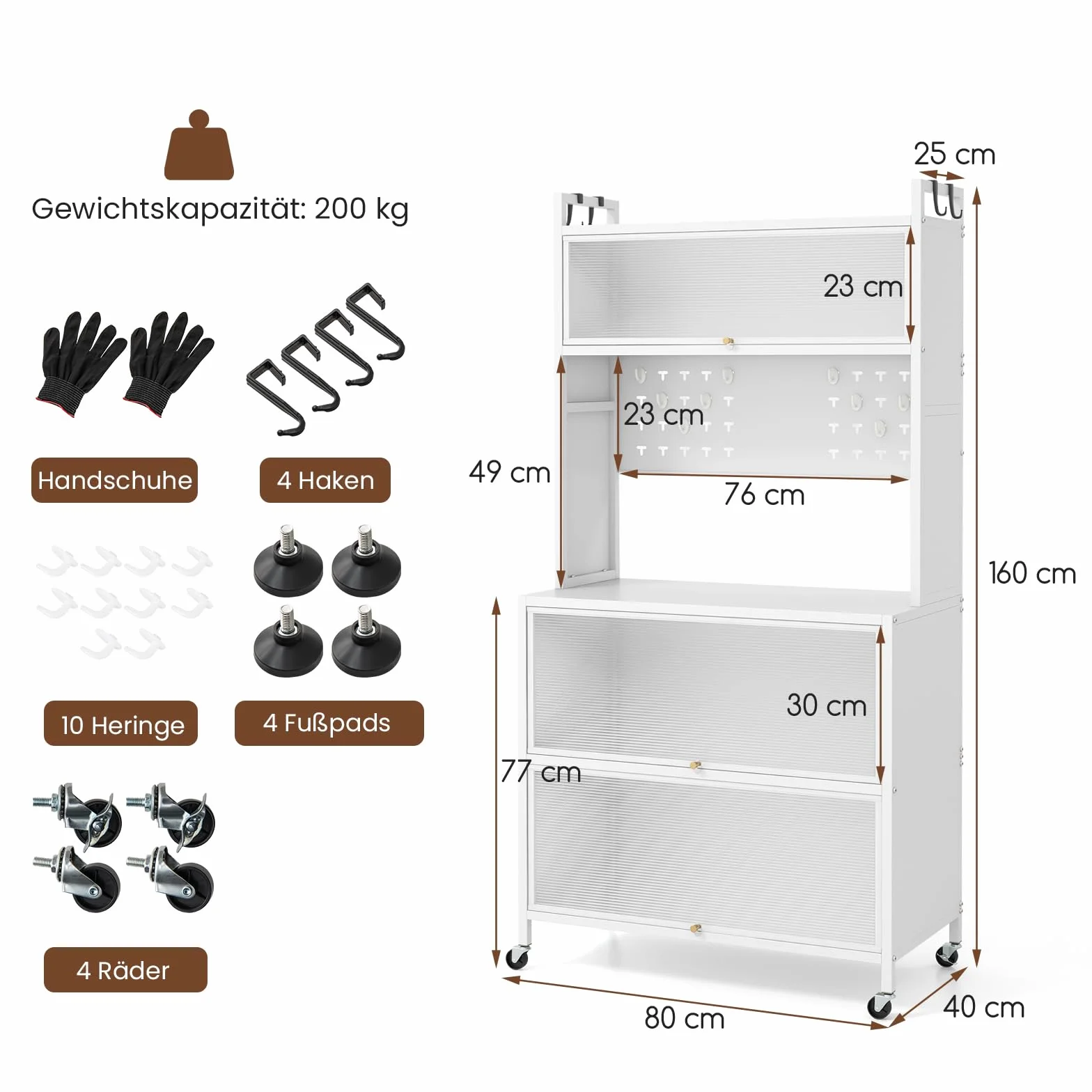 RELAX4LIFE Scaffale da Cucina con 5 Ripiani, Armadio con Ruote, Porte a Battente, Ganci Superiori e Pannello con Perforazioni, Mobile Multifunzionale per Cucina, Sala da Pranzo (Bianco)