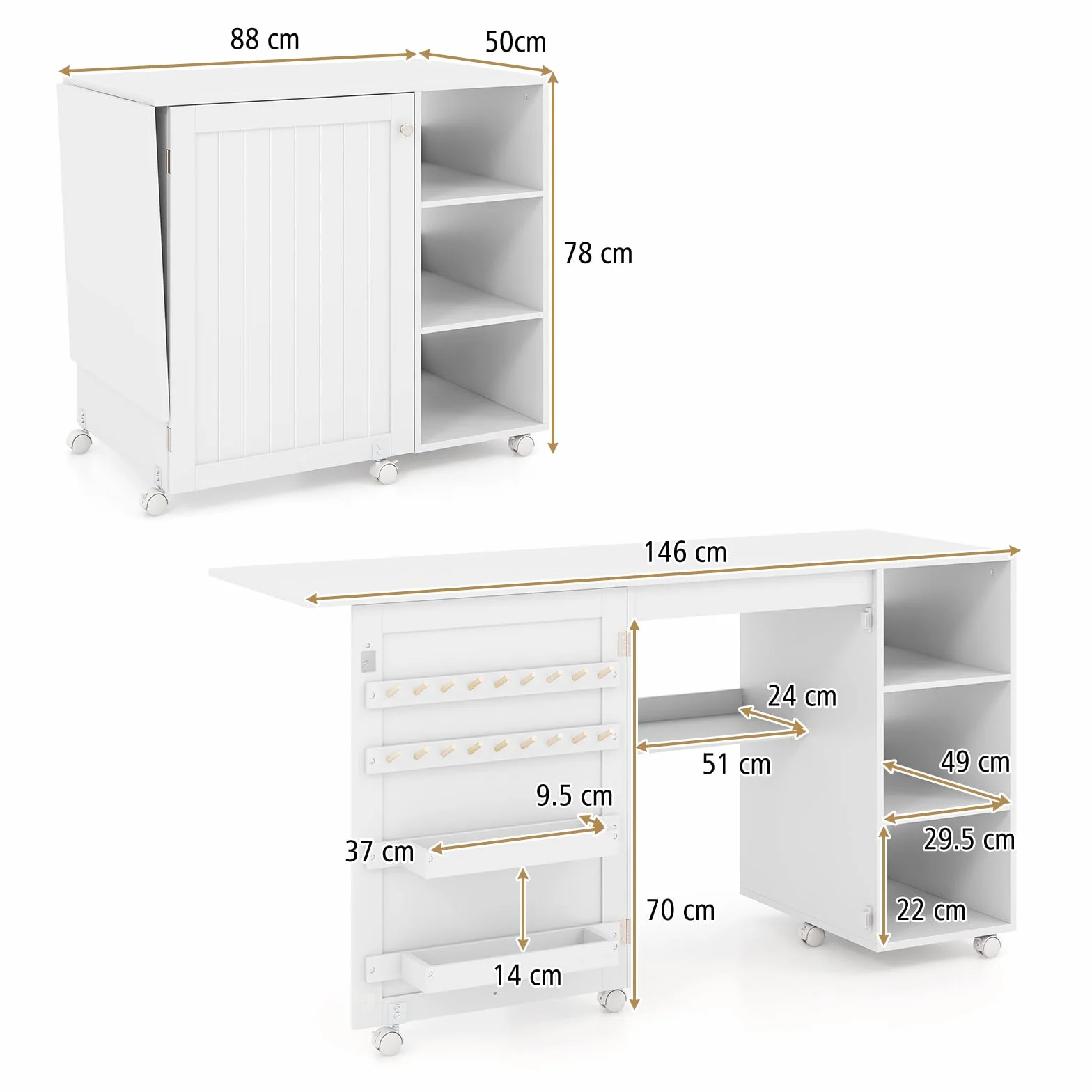 LIFEZEAL Mobile per Macchina da Cucire, Tavolo per Macchina da Cucire, con 4 Ripiani, 6 Ruote, 18 Ganci per Filo, 2 Mensole, Armadietto per Cucito, Salvaspazio, Moderno, Pieghevole, 146x50x78cm, Legno